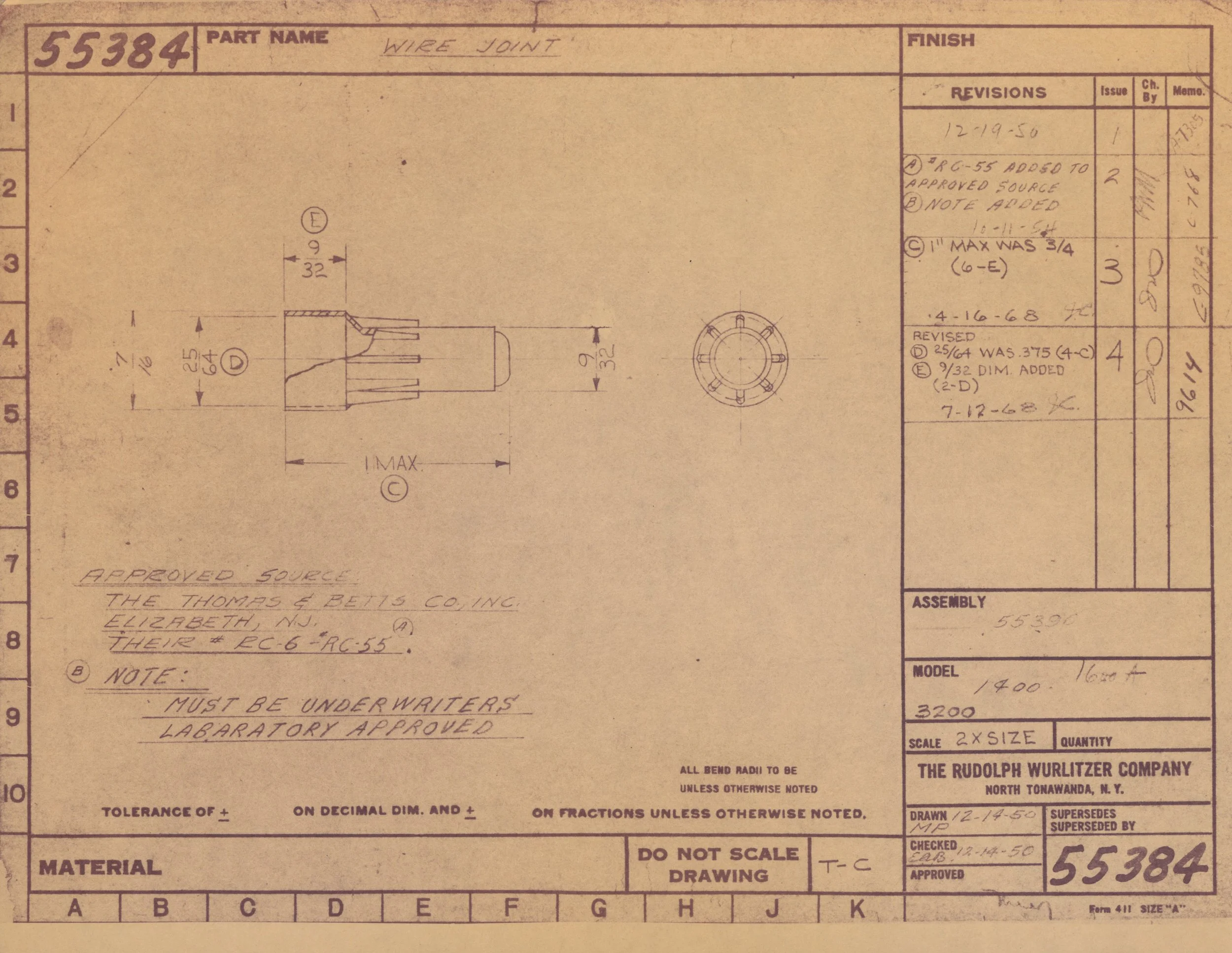 Technical engineering drawing titled 'Wire Joint' showing a side view and a top view of a component with measurements. Handwritten notes and revision history are visible on the right side of the document.