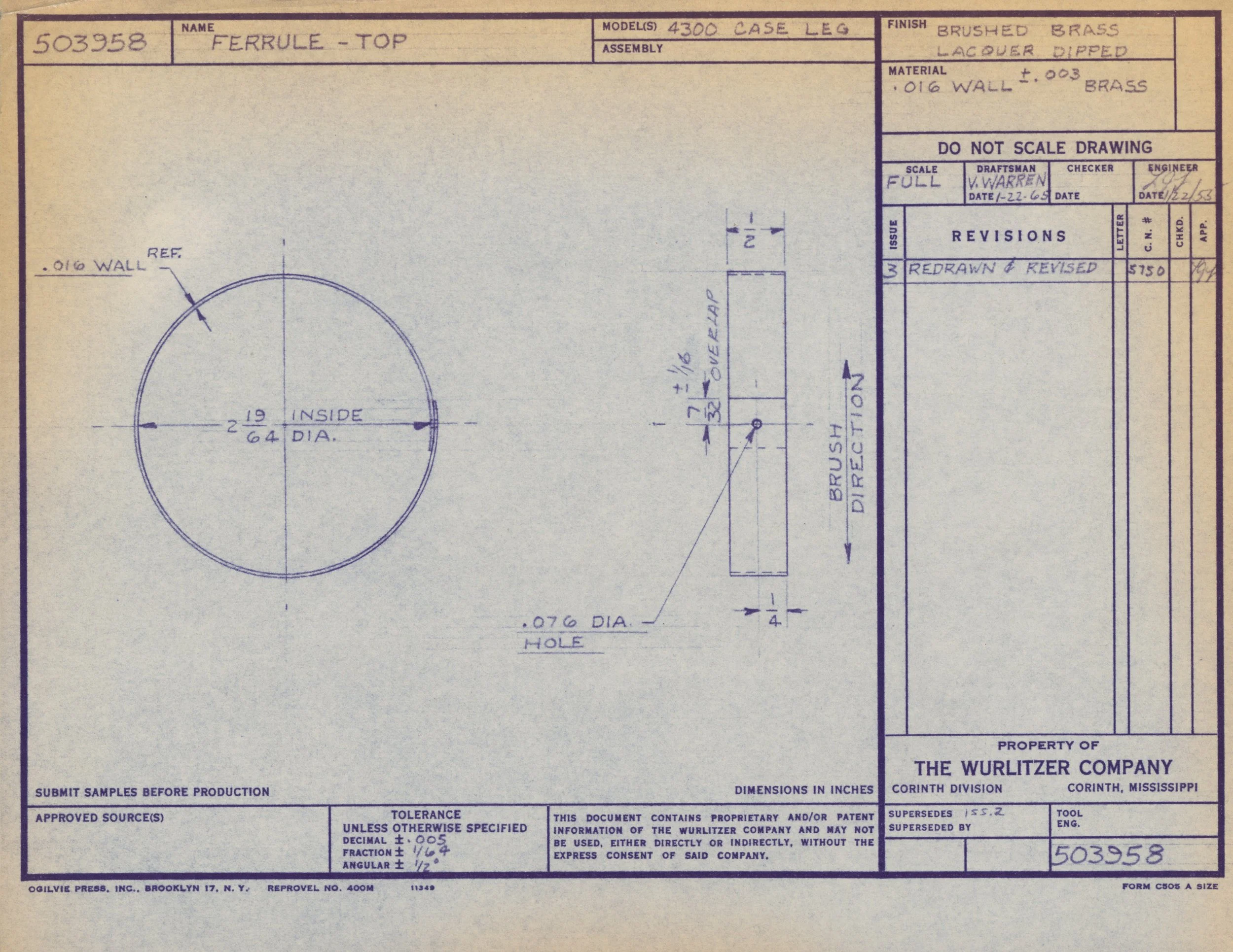 Technical engineering blueprint for a brass top part of a structure, with detailed measurements, revision history, and design specifications from The Wurlitzer Company, Corinth, Mississippi.