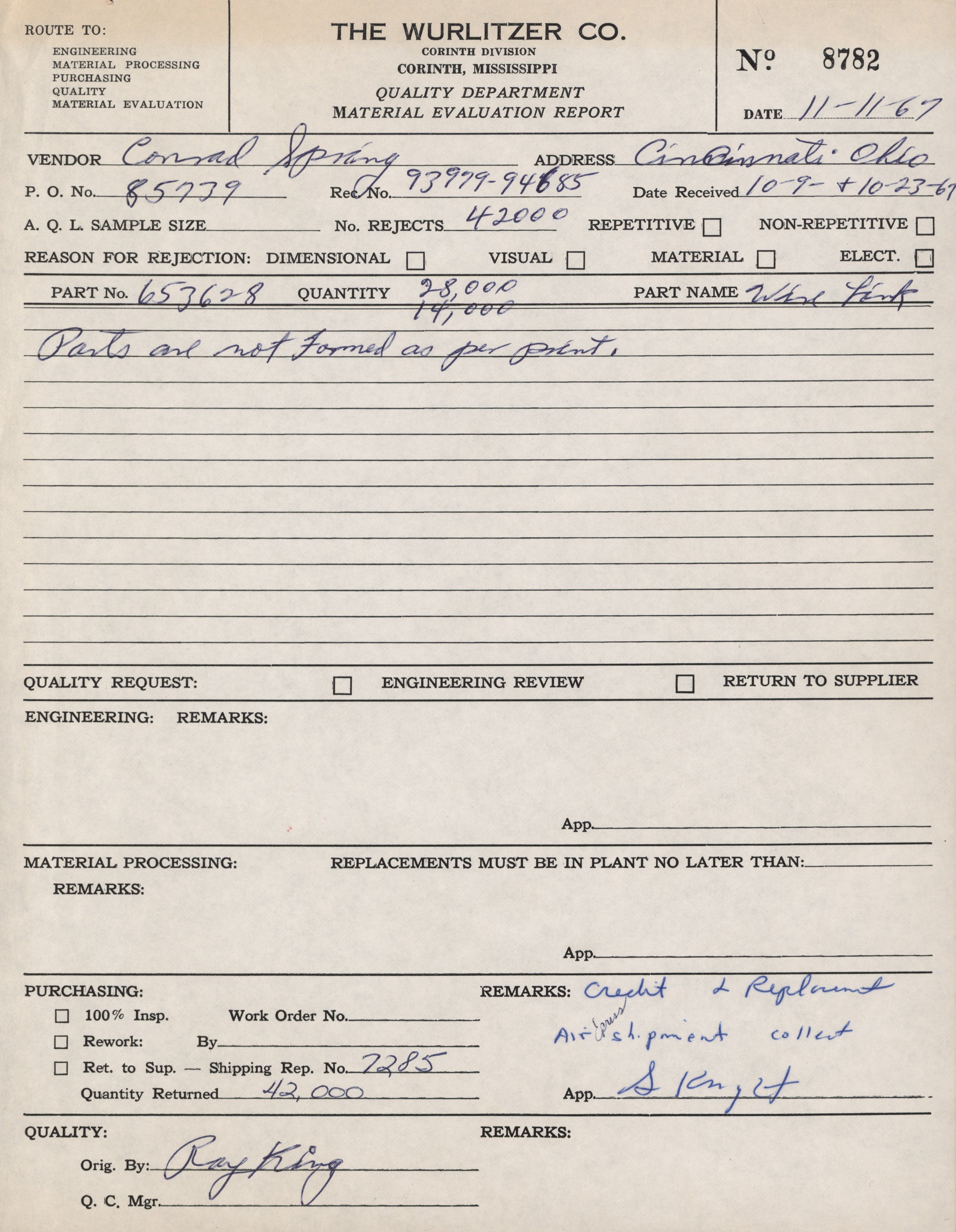 A historical material evaluation report form from The Wurlitzer Co. dated November 11, 1967, filled out with details about a parts rejection, purchase, and remarks, including handwritten notes.