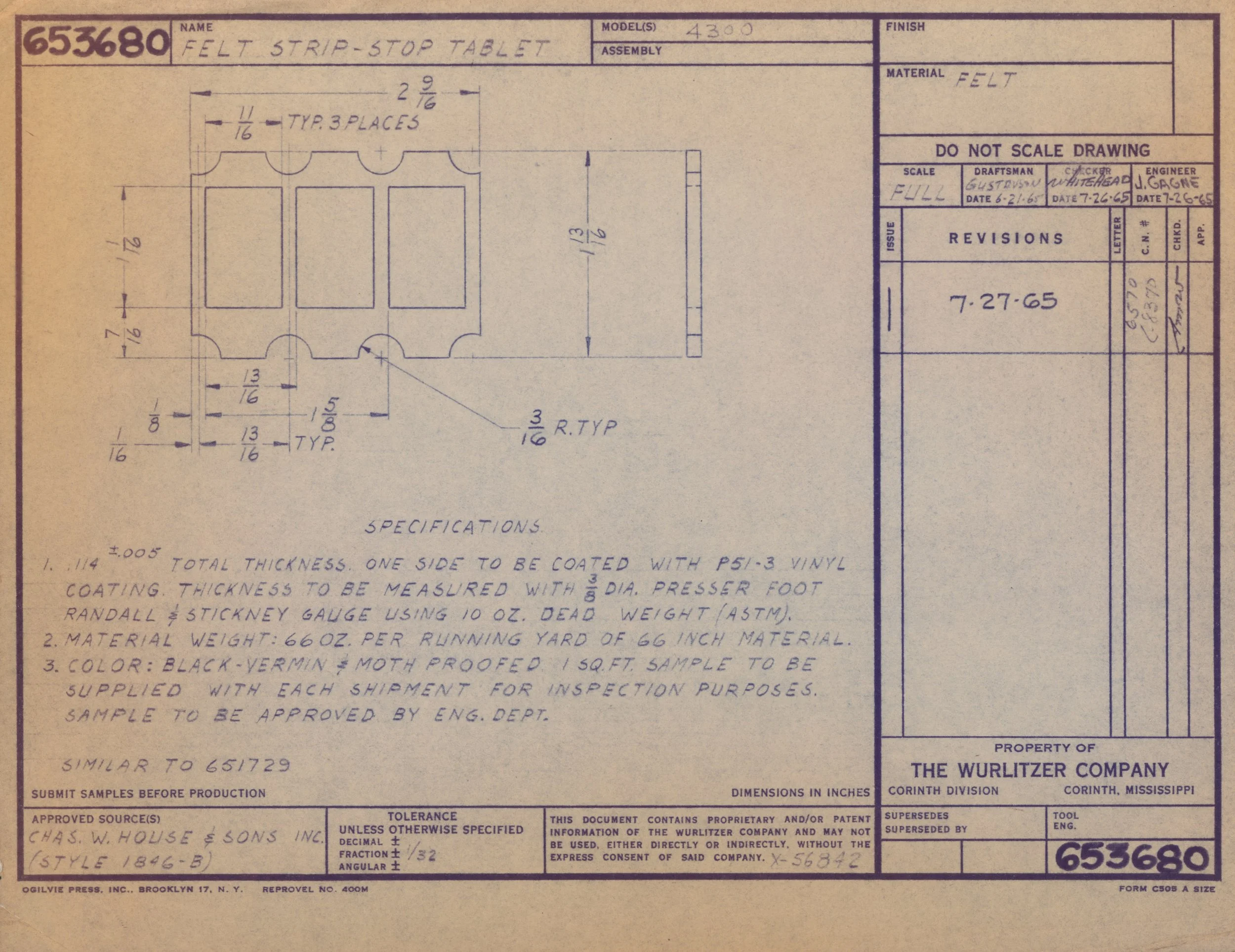 Blueprint drawing of a felt strip-stop tabletop with detailed measurements and specifications for manufacturing.