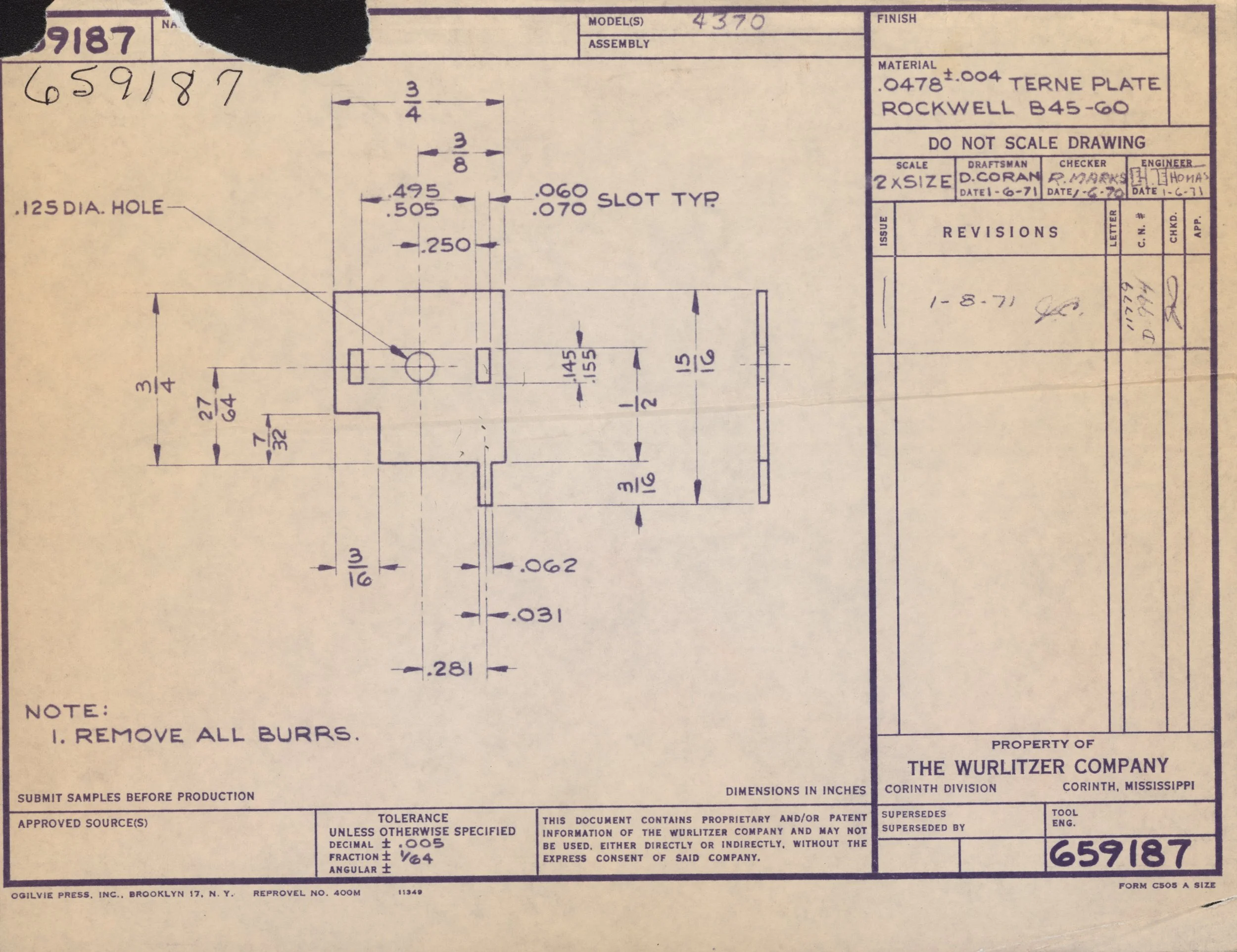 Blueprint drawing with measurements of a metal part, including detailed dimensions, material specifications, and revision notes from a technical document.