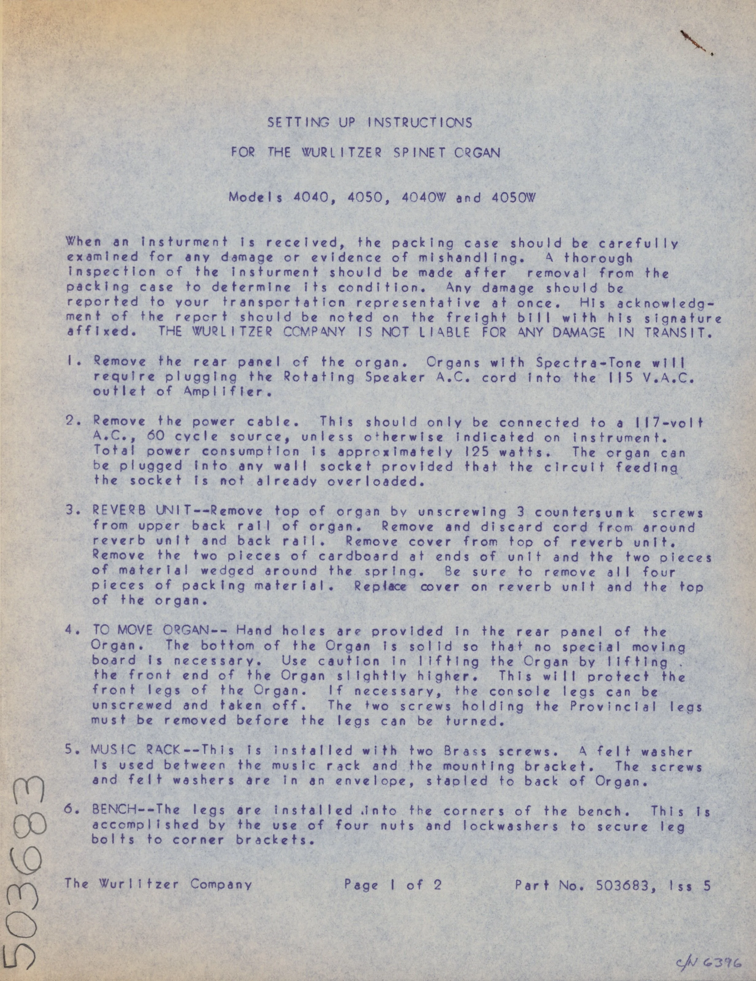Page of typed instructions for setting up and operating a Wurlitzer spinet organ, including steps for removing panels, reverb unit, music rack, and attaching the bench.