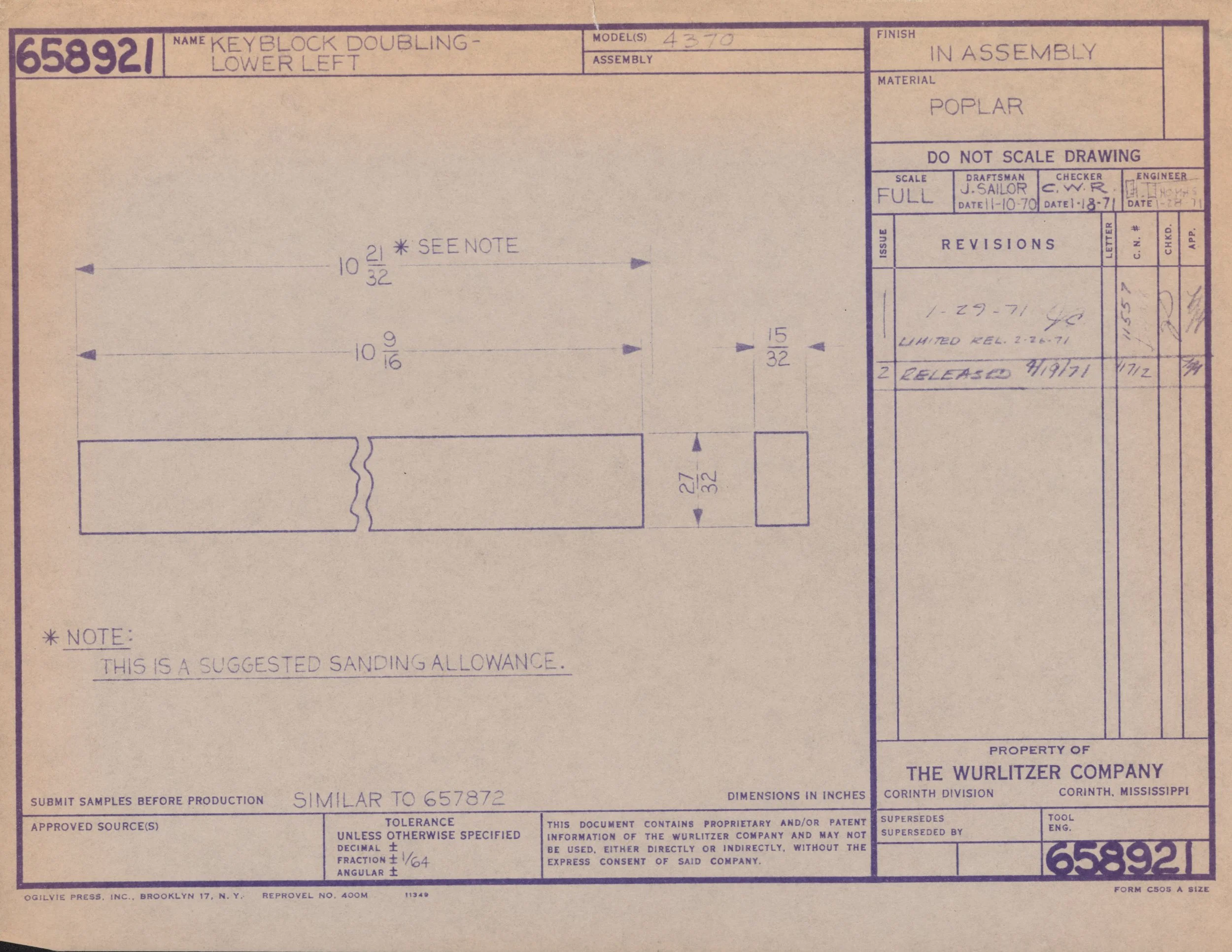 Technical drawing for a keyblock doubling lower left, made of poplar wood, with dimensions and notes on sanding allowances, produced by The Wurlitzer Company, with approval and revision details, and various measurements and specifications.