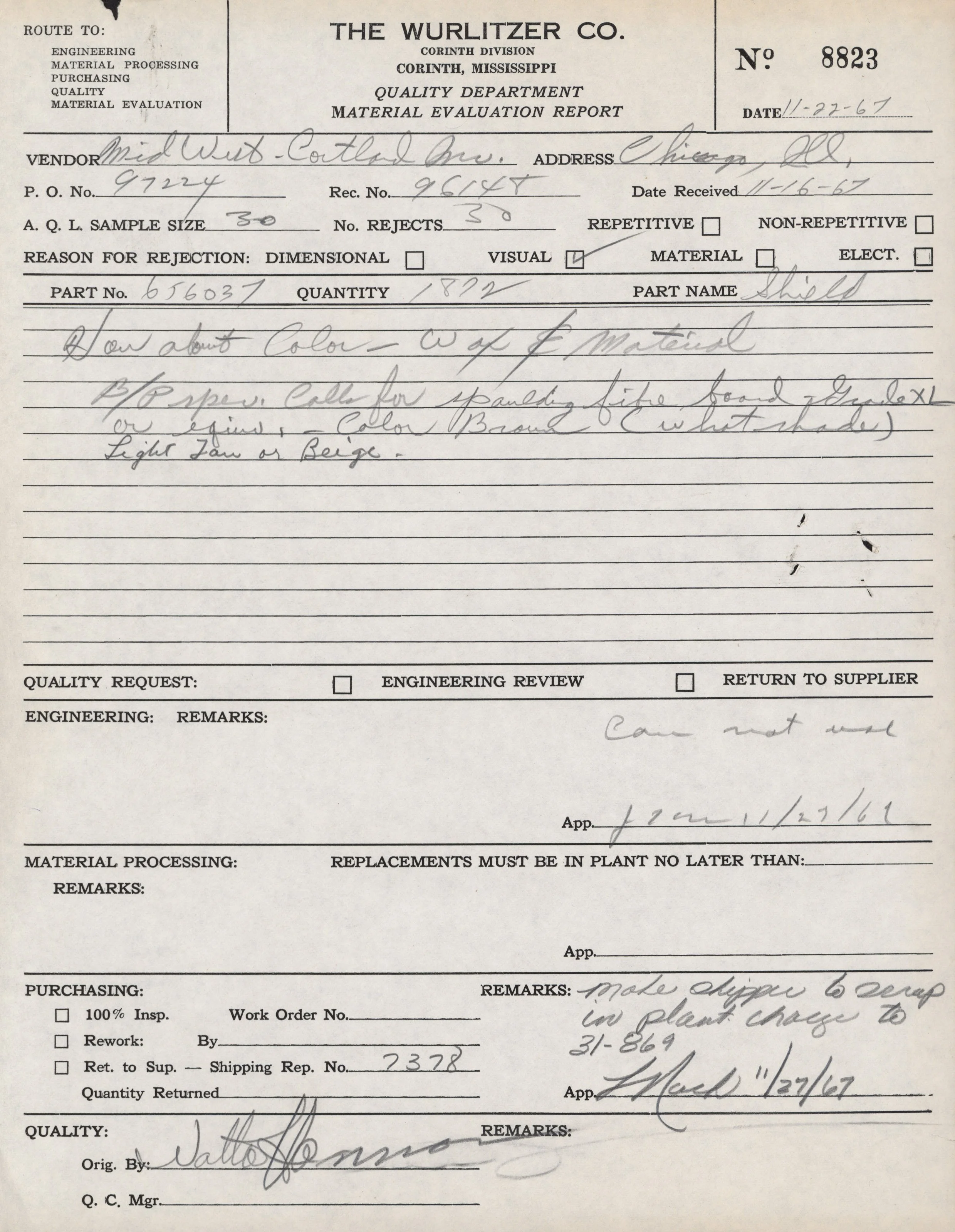 A historical handwritten material evaluation report form from The Wurlitzer Co. dated 1967, including details about a shipment of shields, with handwritten notes about color, material, and shipping instructions.