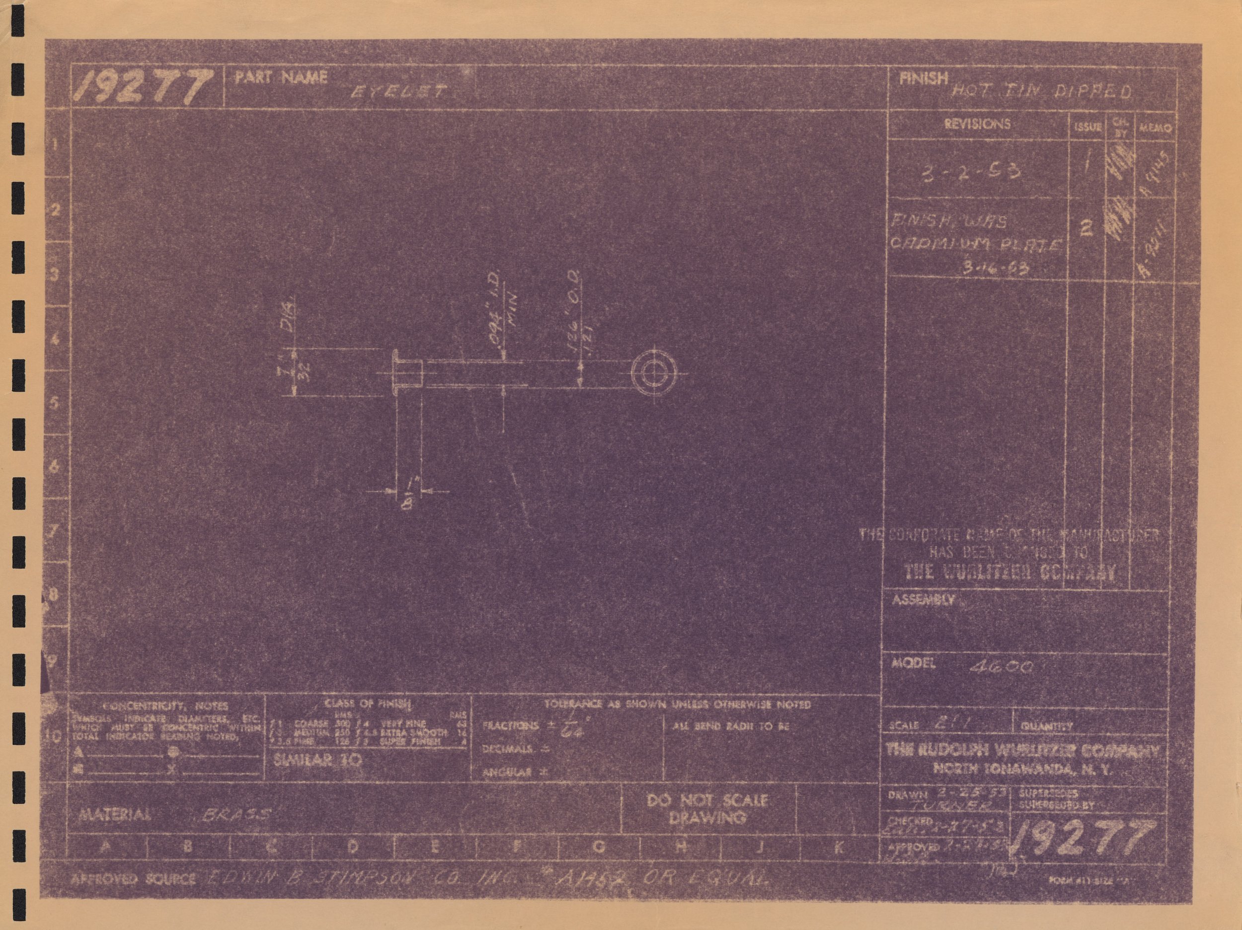 Blueprint drawing from 1927 for a race car part, including detailed specifications, notes, and technical measurements.