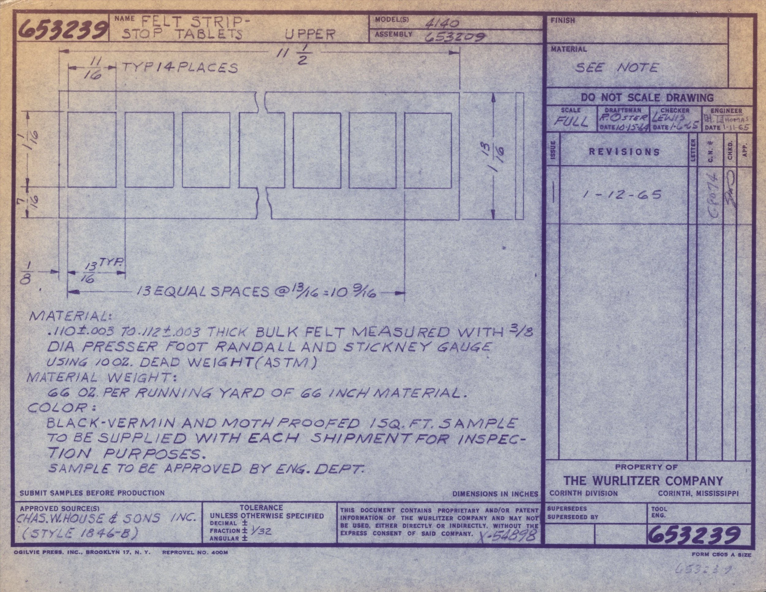 Technical blueprint or engineering drawing for a felt strip, containing measurements, specifications, and manufacturing instructions, including details about material, dimensions, and inspection procedures.