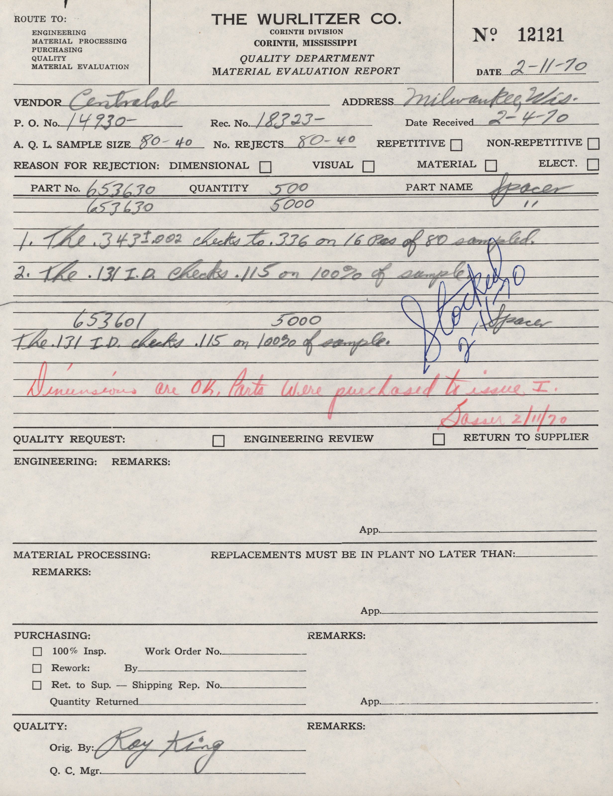 A handwritten document titled 'Material Evaluation Report' from The Wurlitzer Co., dated February 11, 1970, with details about a vendor, Milwaukee, Wisconsin, and various checkmarks, signatures, and notes in different handwriting and ink colors.