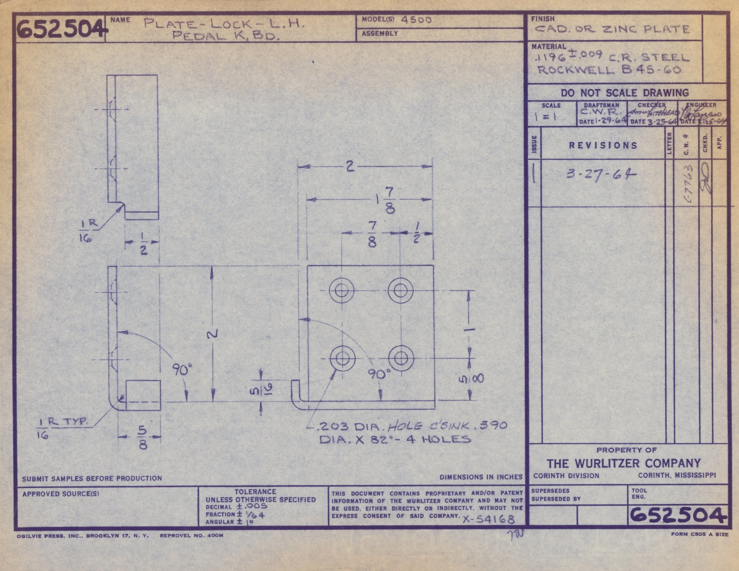 Technical drawing of a mechanical part with detailed measurements and specifications, created by The Wurlitzer Company in Corinth, Mississippi.