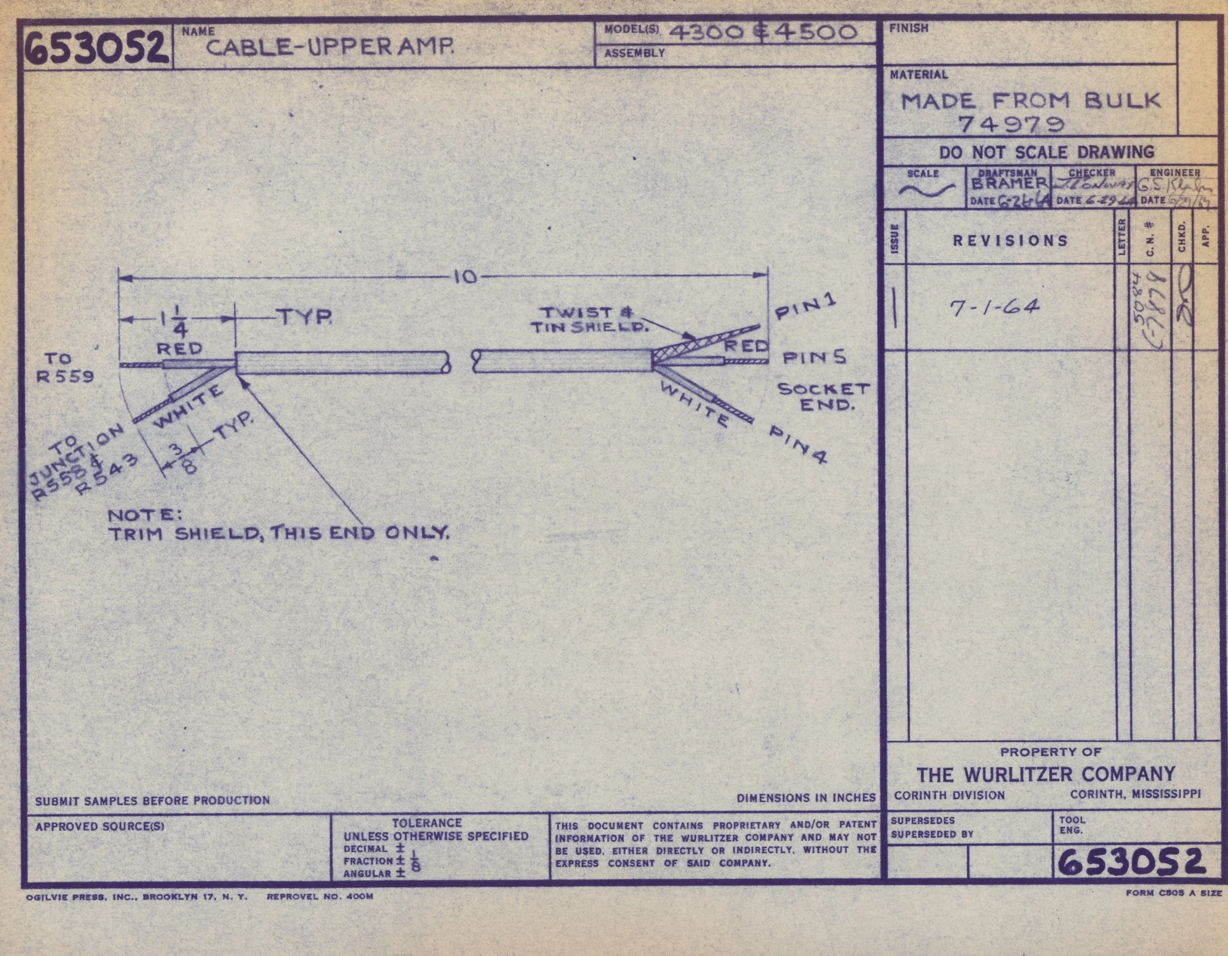 Technical drawing or blueprint for a cable upper amplifier, with detailed measurements, annotations, and signatures from engineers and draftsmen, produced by Wurlitzer Company in Corinth, Mississippi.