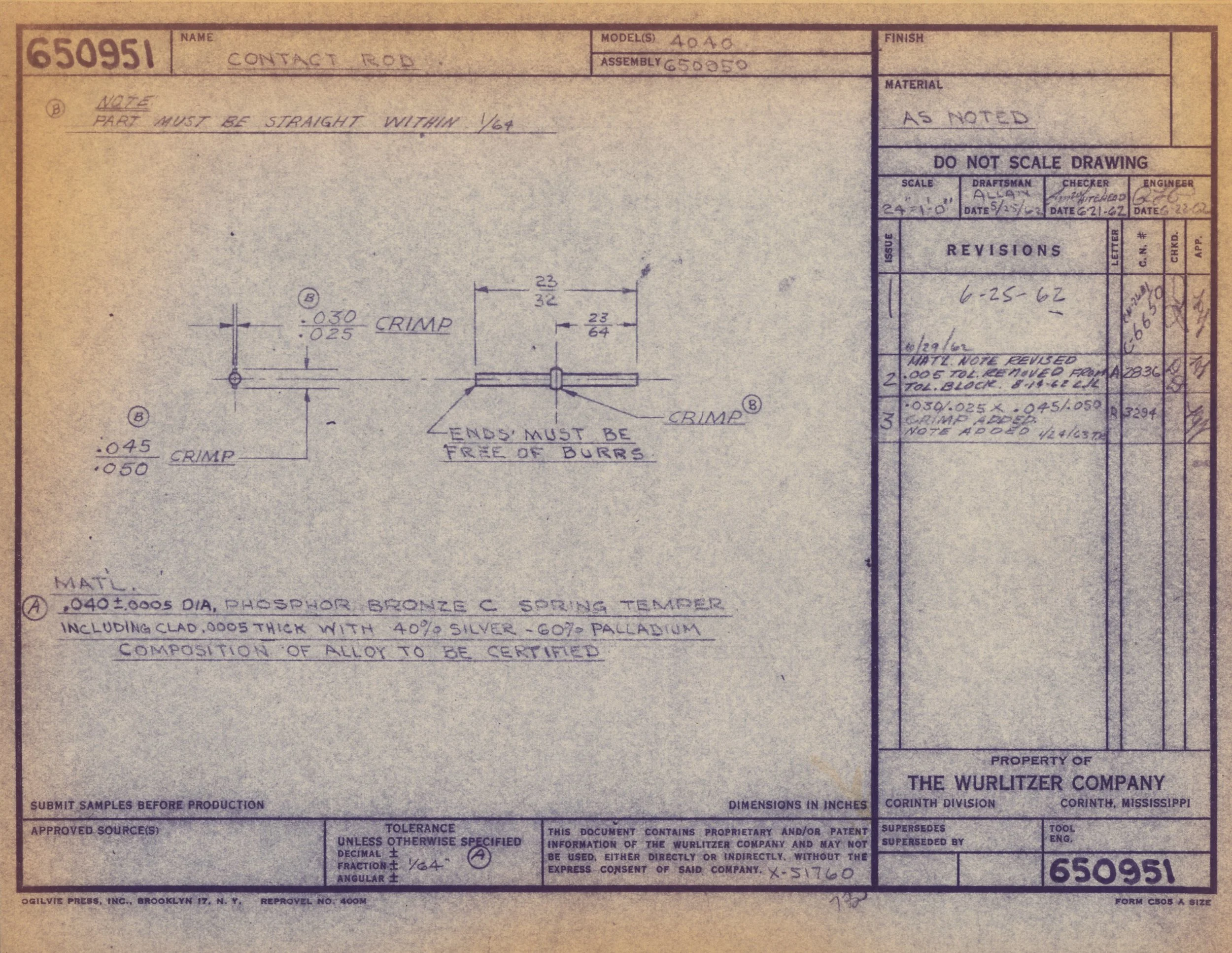 Technical drawing blueprint with details for a metal component, including notes on dimensions, materials, and manufacturing instructions.
