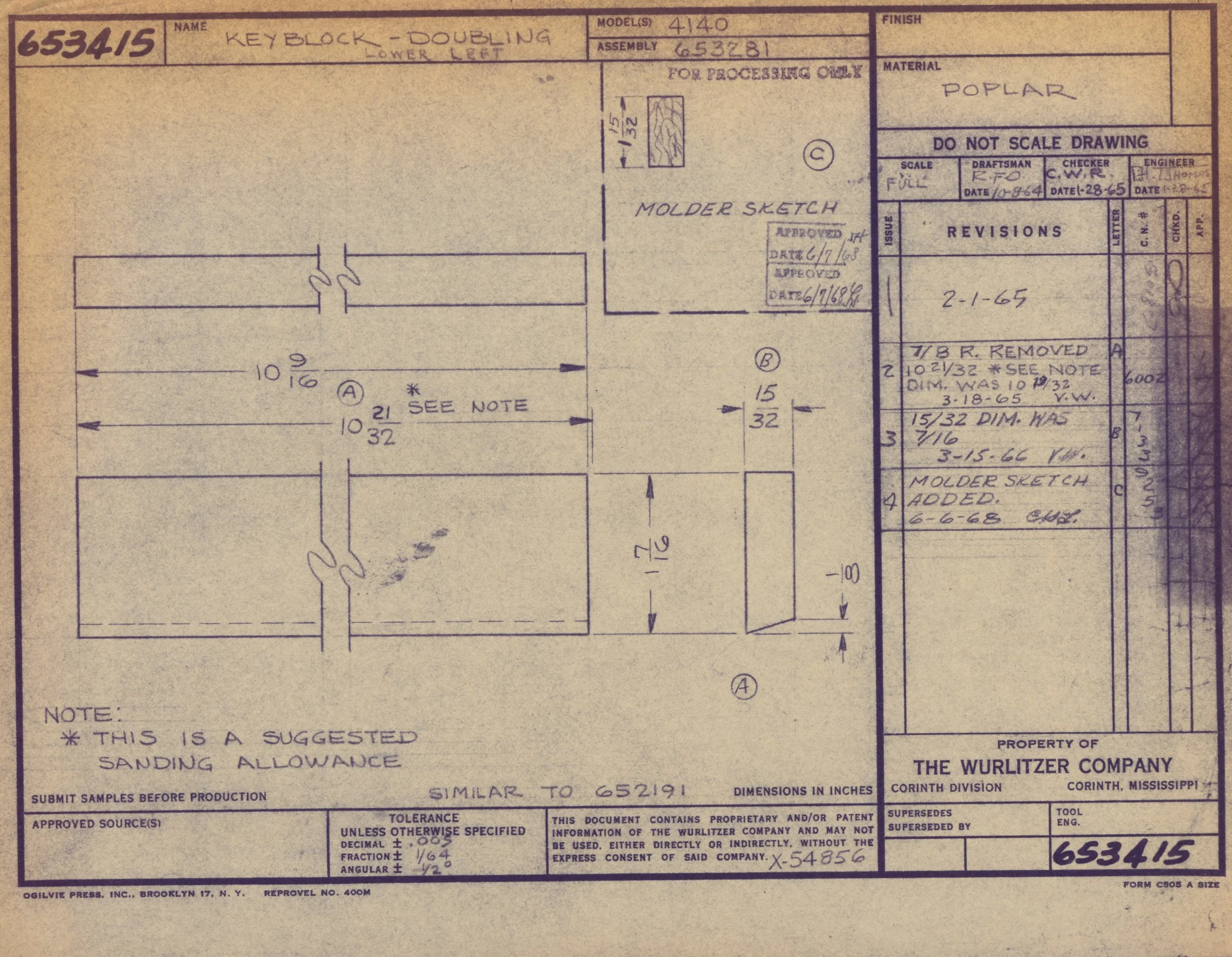 A technical blueprint or patent drawing for a double key block from The Wurlitzer Company, showing detailed measurements and specifications.
