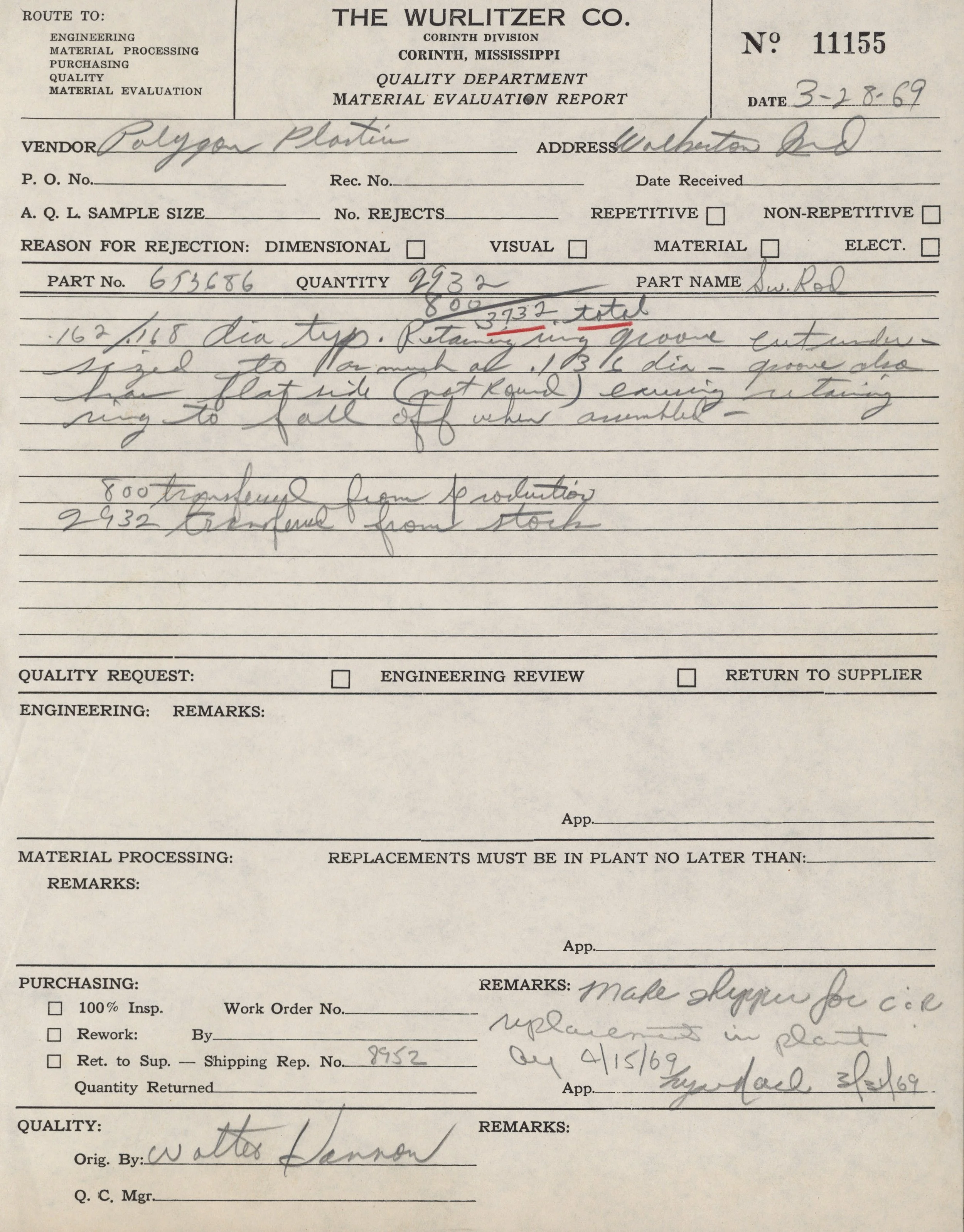 Historical document titled 'Material Evaluation Report' dated March 28, 1969, from The Wurlitzer Company, located in Corinth, Mississippi. It includes handwritten notes about a shipment of polycarbonate plastic parts, with details such as part number