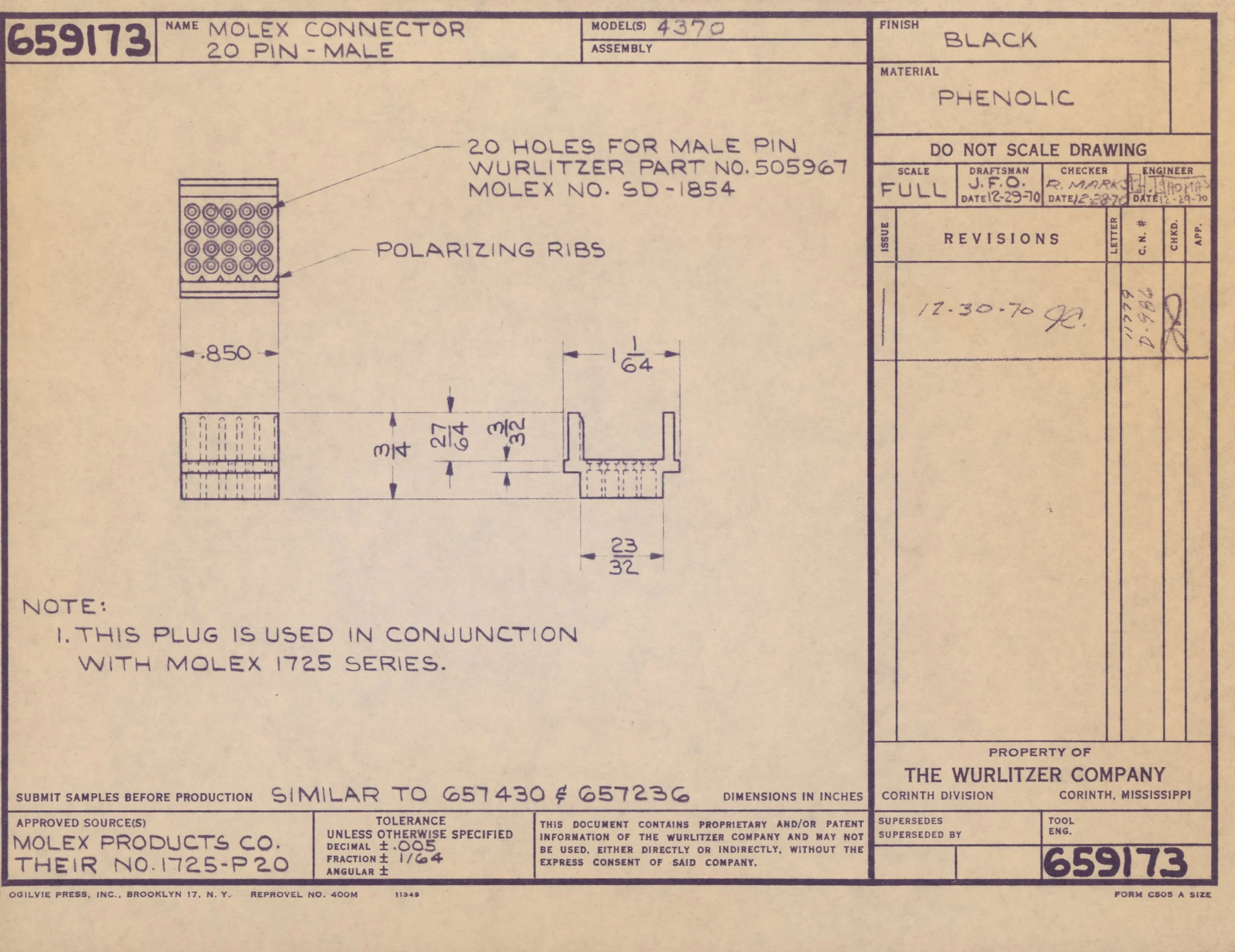 Technical engineering blueprint for a Molex connector, model 4370, with 20 pins, assembled in black color. Includes detailed diagram of the component's measurements, materials, and technical specifications.