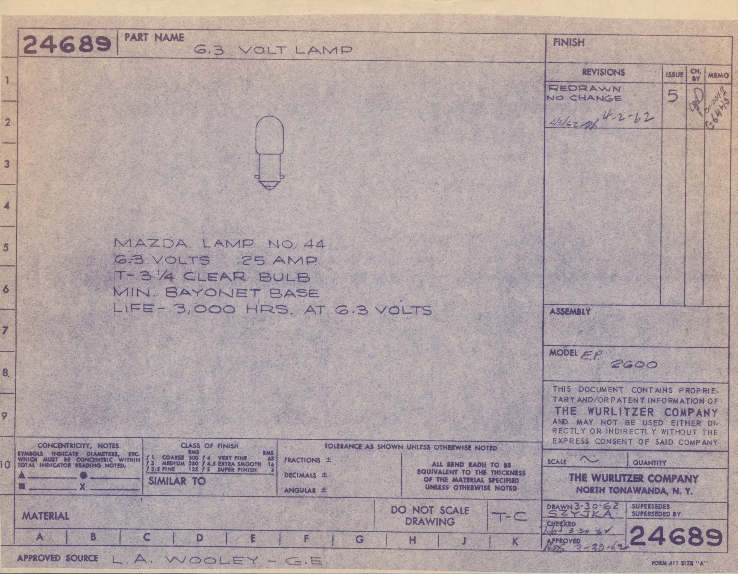 Technical blueprint of a 6.3 volt lamp, includes specifications, material list, and notes from Wultzzer Company, dated April 5, 1962.