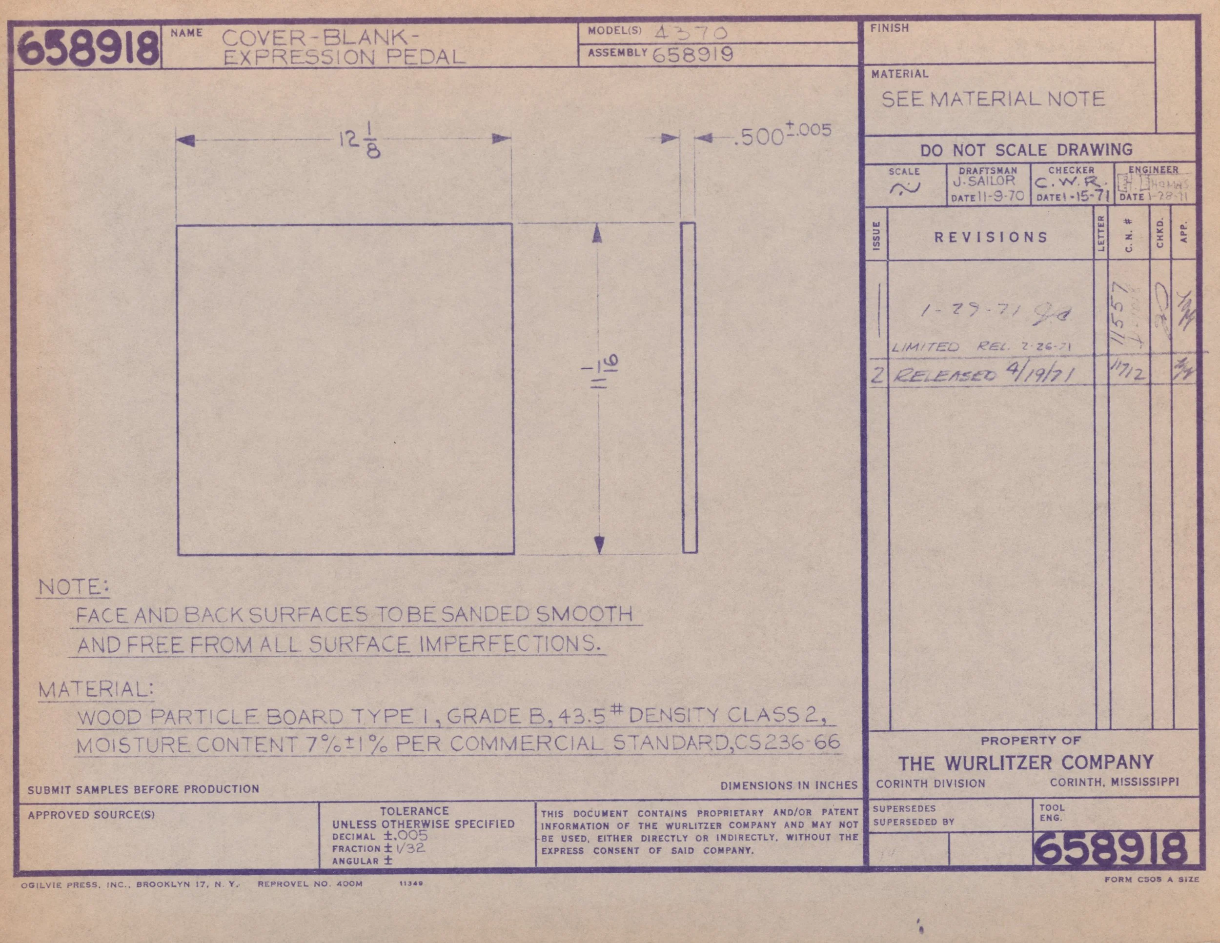 Technical blueprint of an expression pedal cover-blank with detailed measurements and notes, printed on beige paper with purple ink.