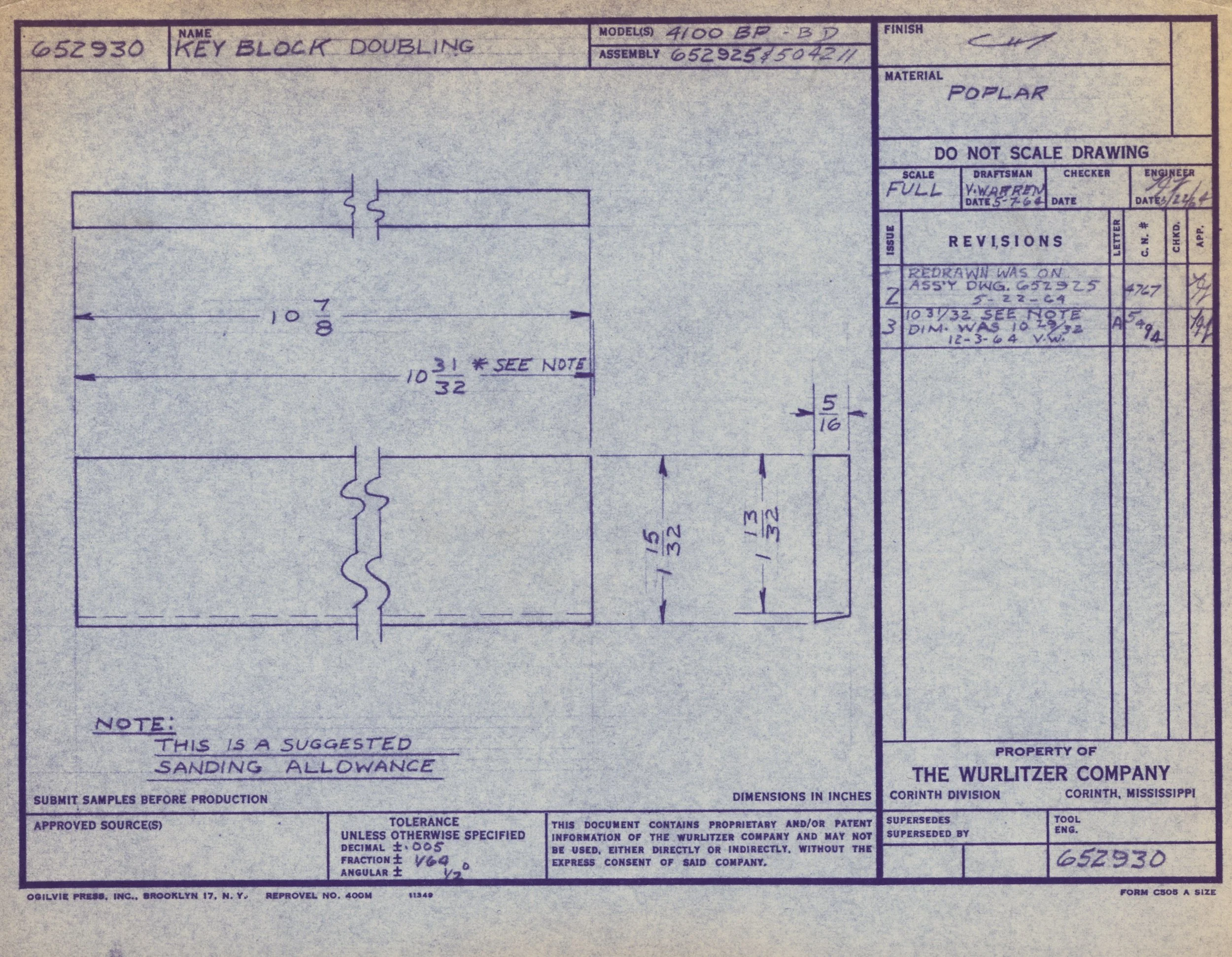 Technical drawing blueprint of a key block doubling, made of poplar wood, with dimensions and annotations in purple ink, produced by the Wurlitzer Company, located in Corinth, Mississippi.