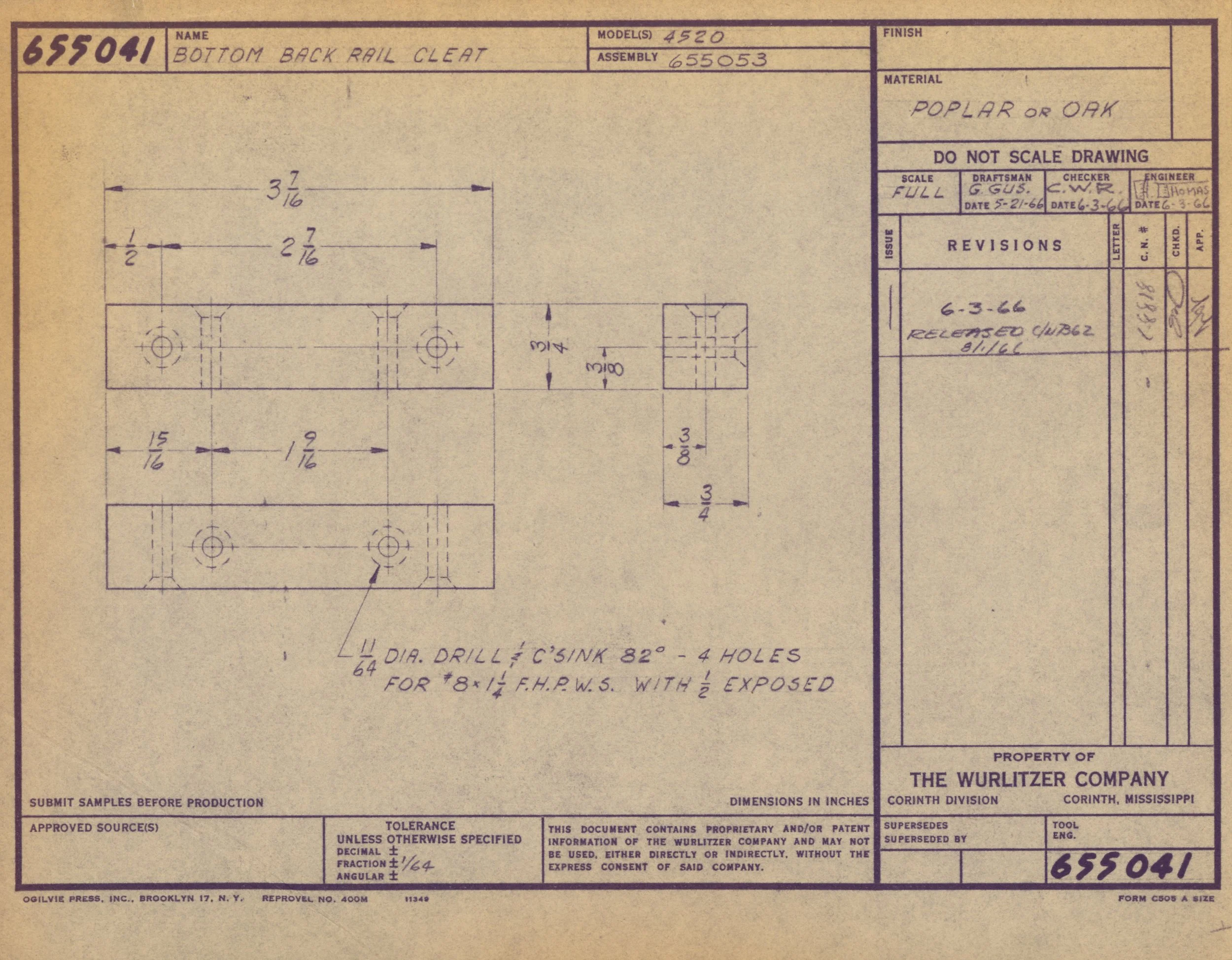 Blueprint drawing for a bottom back rail cleat, showing detailed dimensions, material specifications, and revision information, created by The Wurlitzer Company.
