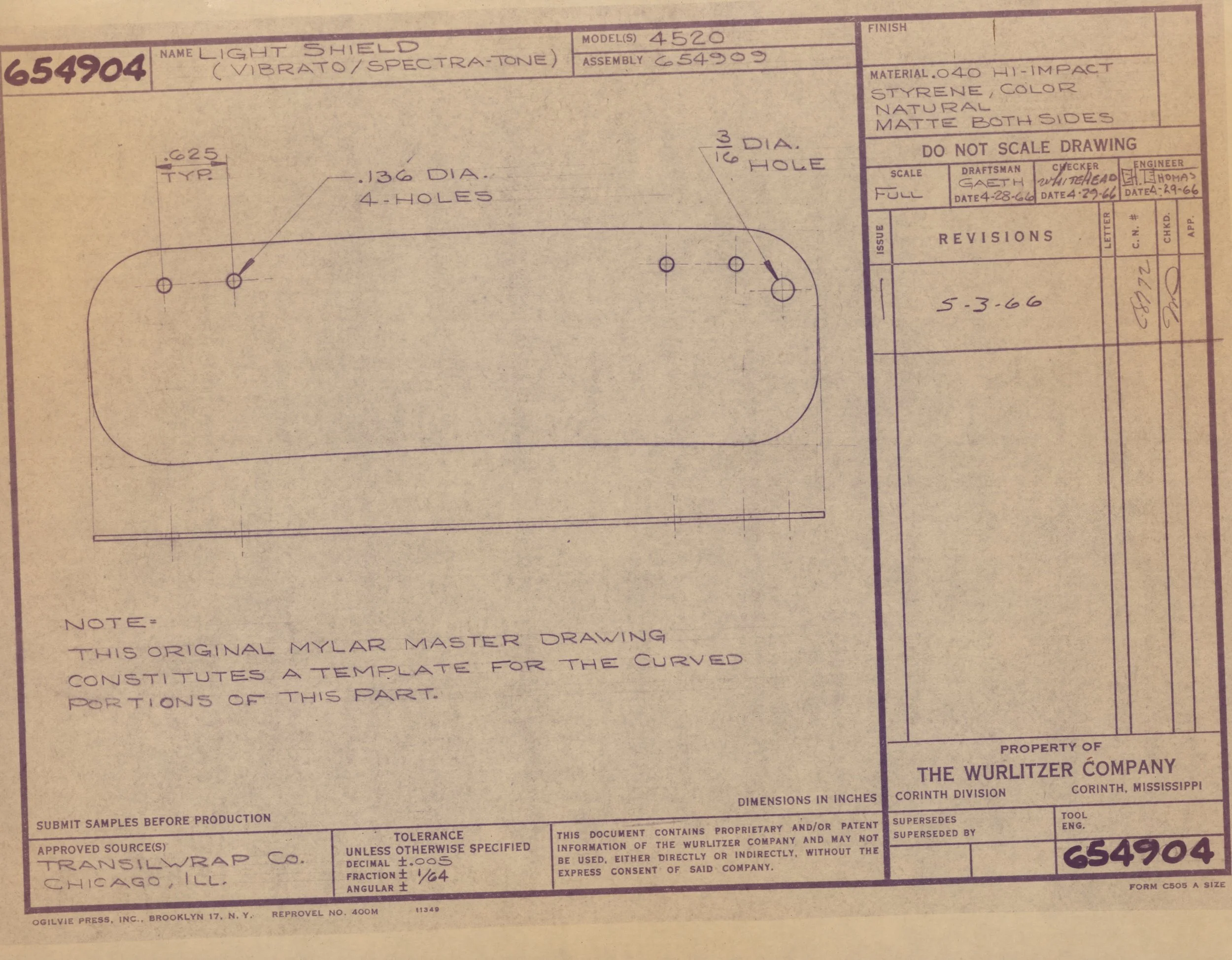 A technical drawing or blueprint for a part labeled as 'Light Shield' with specifications, dimensions, and notes from the manufacturer.