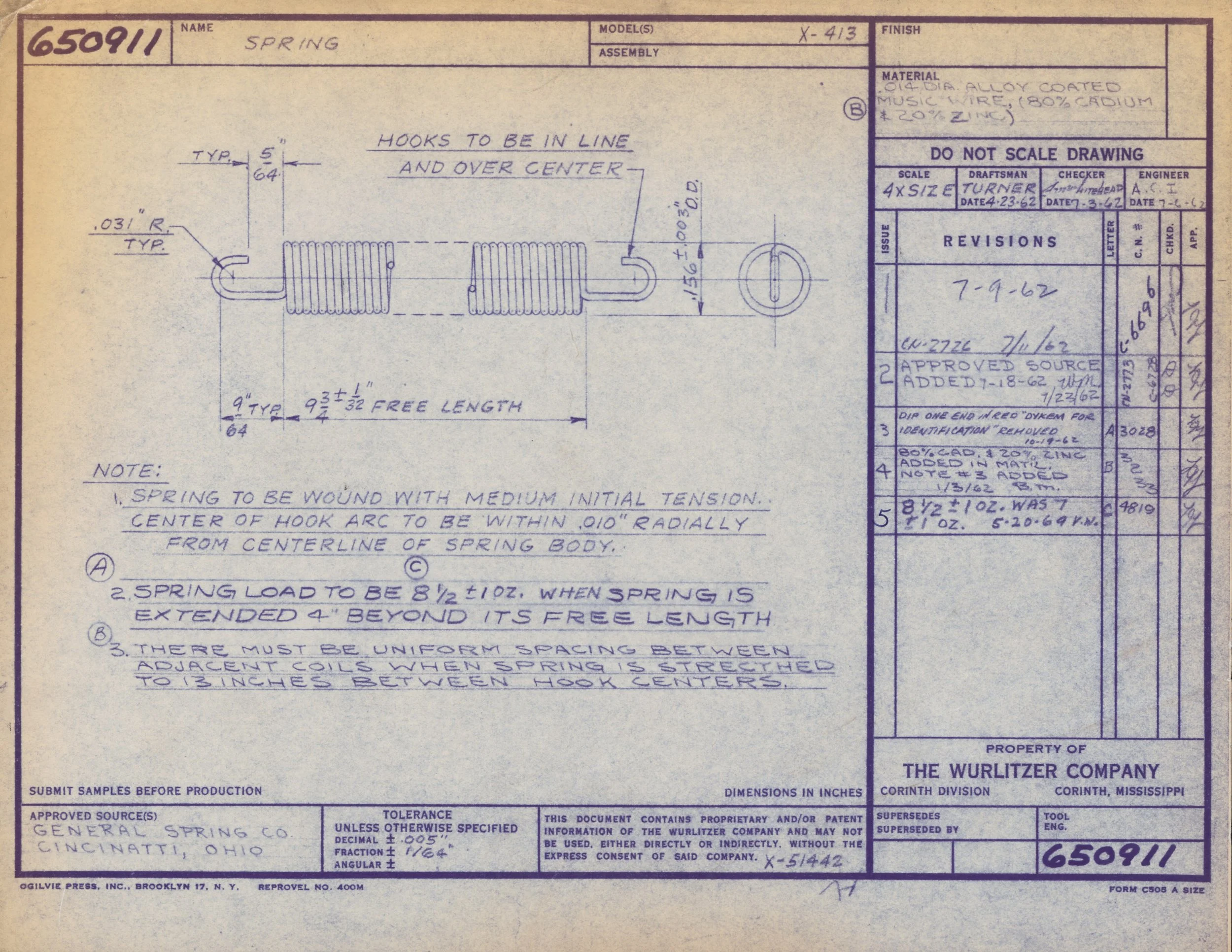 Blueprint drawing of a spring with detailed measurements and notes for manufacturing, including coil specifications, length, and spacing.