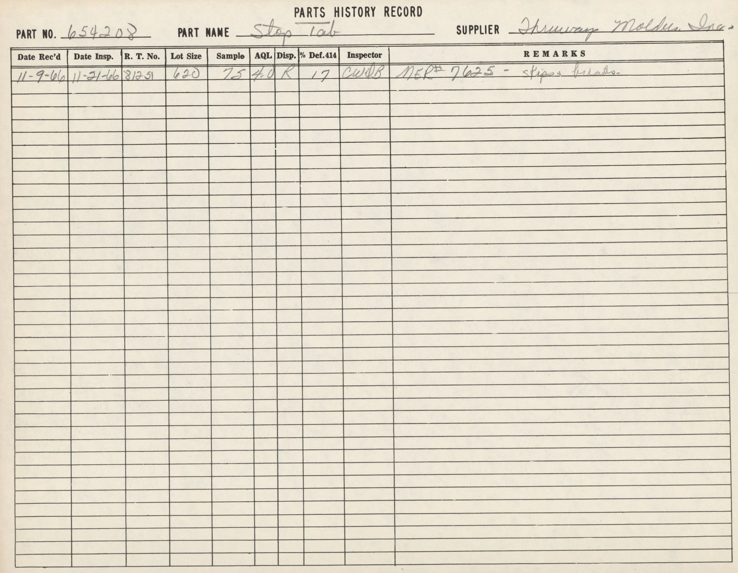 A vintage parts history record card for a stop tab part with handwritten details including part number 654208, supplier, inspection date, lot size, and remarks.