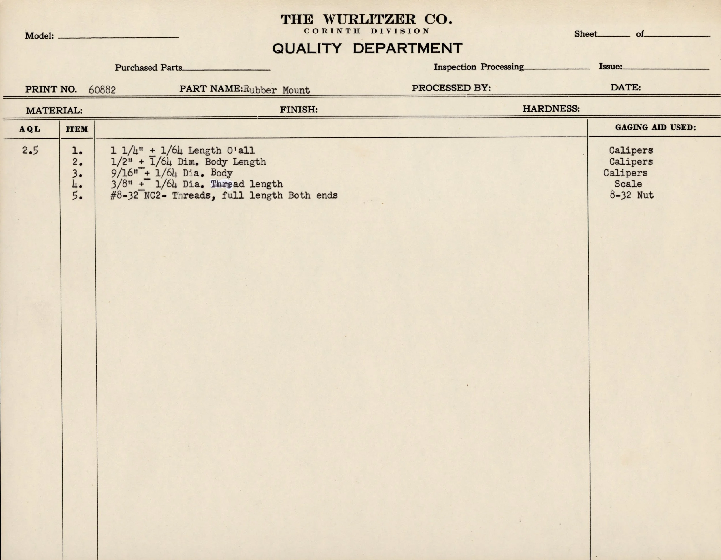 A vintage technical document or form titled "The Wurlitzer Co. Corinth Division Quality Department" with sections for model number, sheet number, purchased parts, inspection processing, and issue. It contains a parts list for a rubber mount with meas