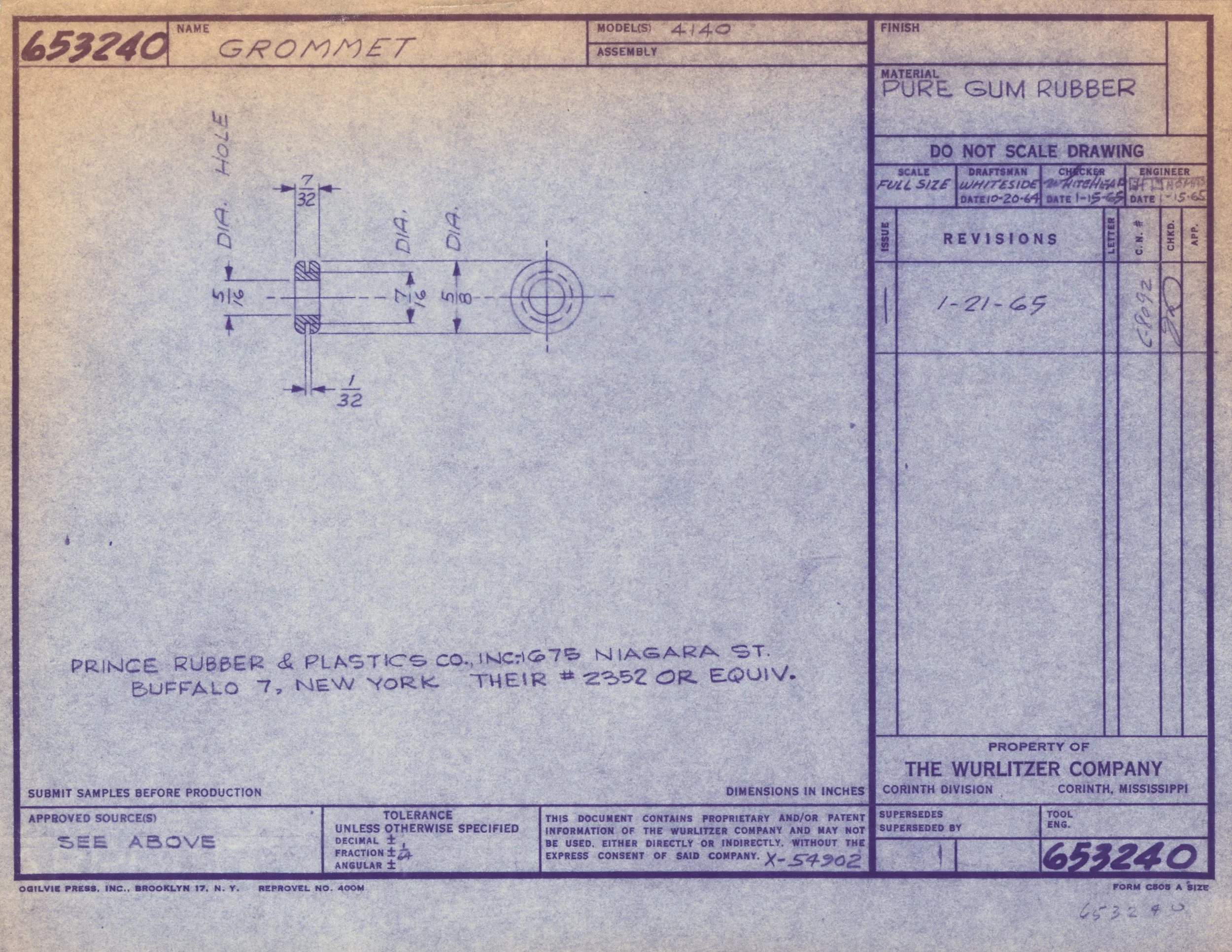 Blueprint technical drawing of a grommet, including detailed measurements and specifications, produced by Prince Rubber & Plastics Co., Inc., dated January 15, 1965.