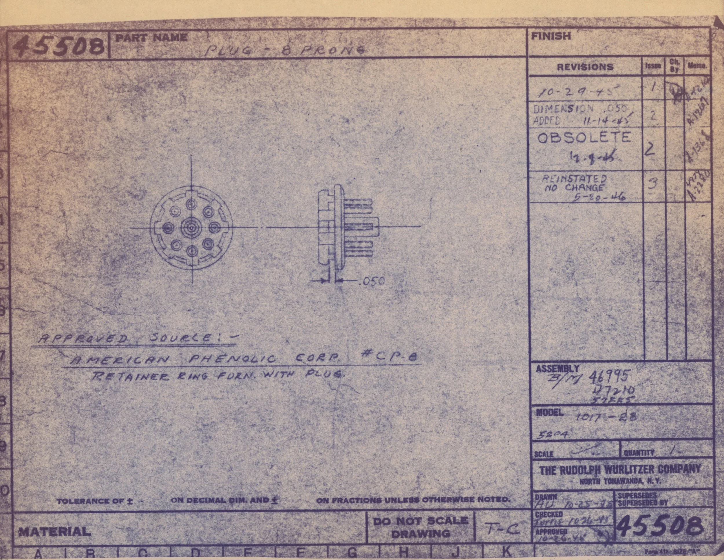 A technical drawing for a part labeled as "Plug - 8 Prong" with sketches of a circular connector and side views, accompanied by detailed handwritten notes and revisions.