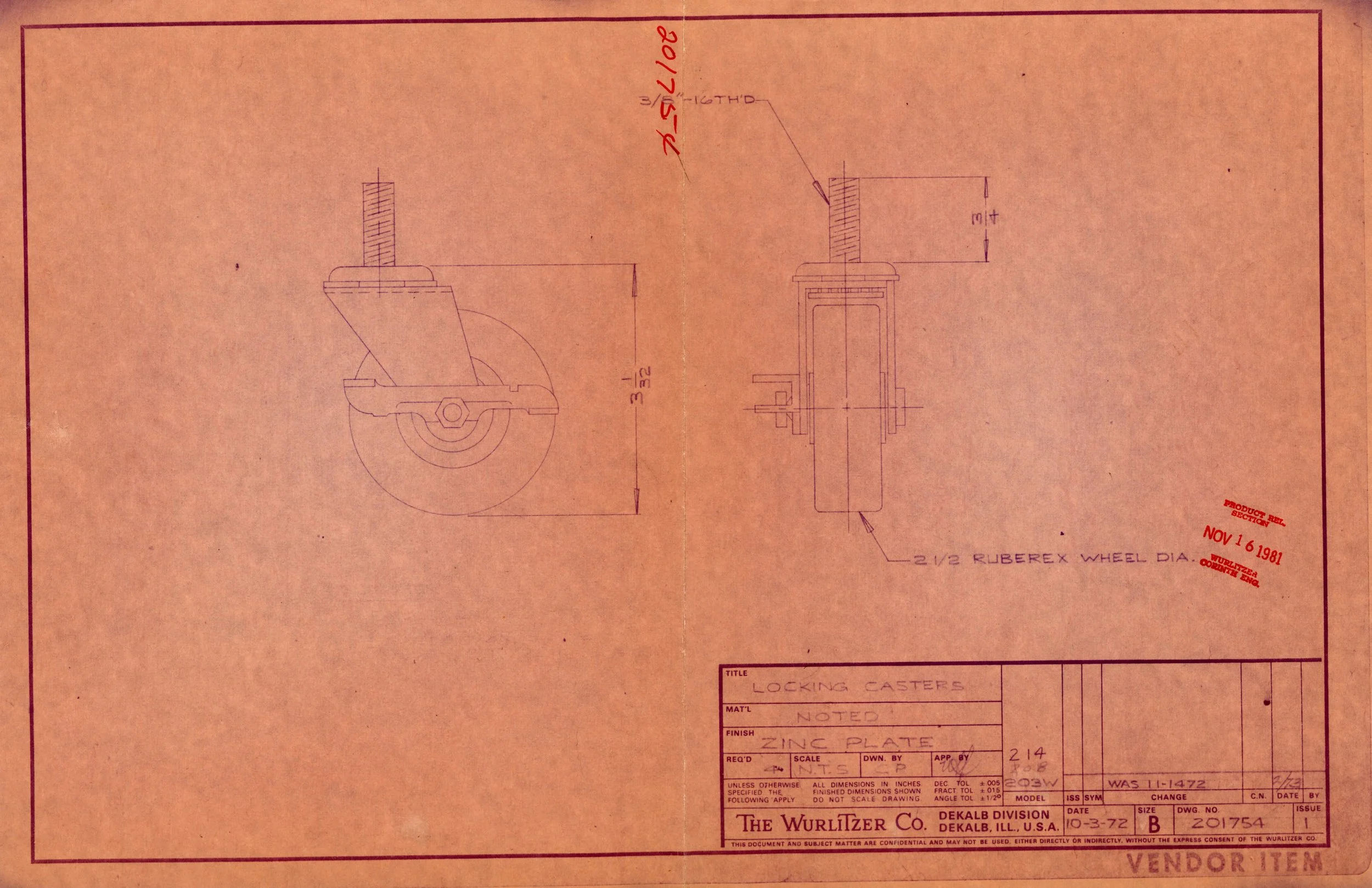 Blueprint for locking casters, with technical details and measurements, created by The Wurlitzer Co., dated October 3, 1972.