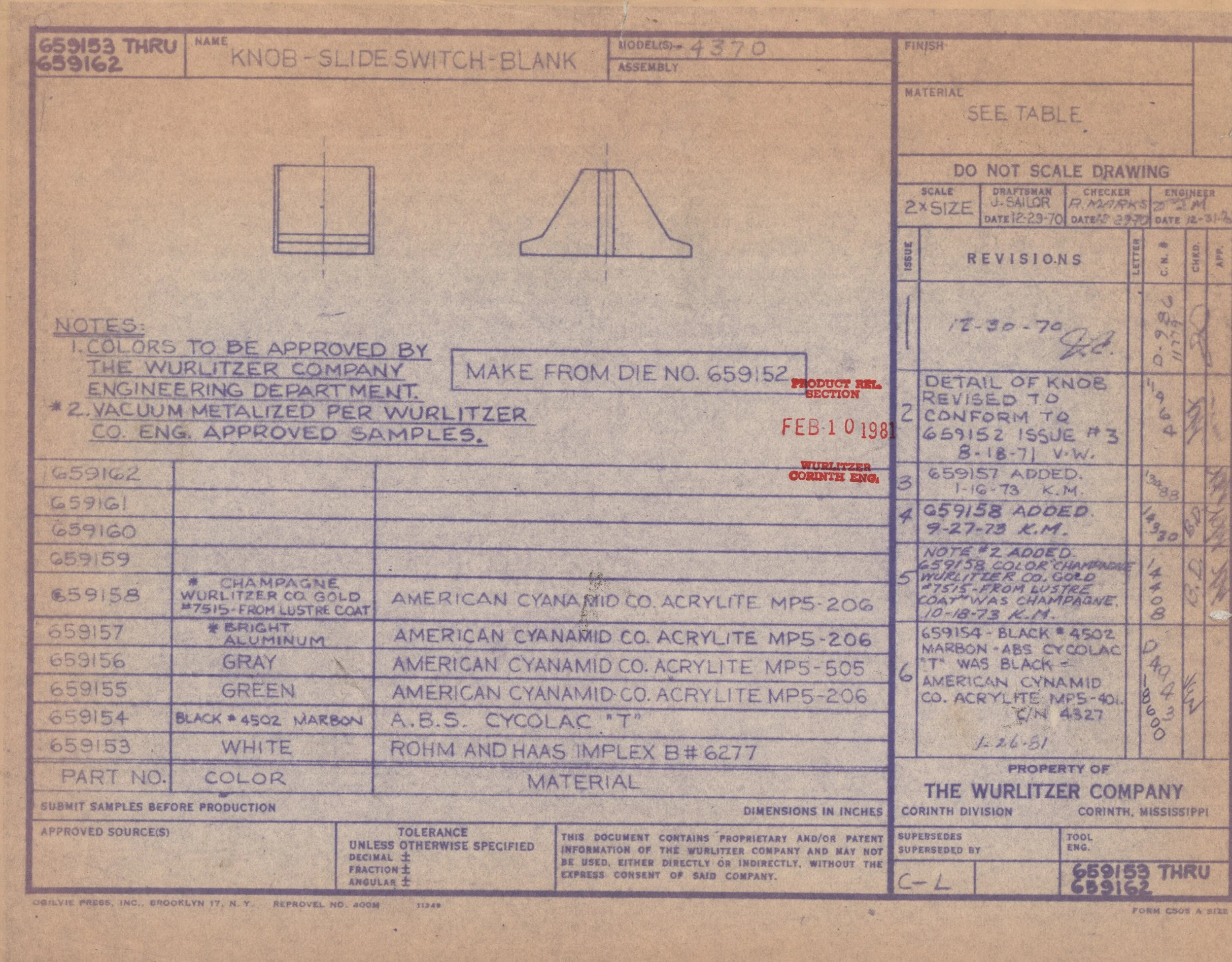 Technical blueprint drawing of a knob slide switch, showing different views and specifications, with annotations and revision notes.