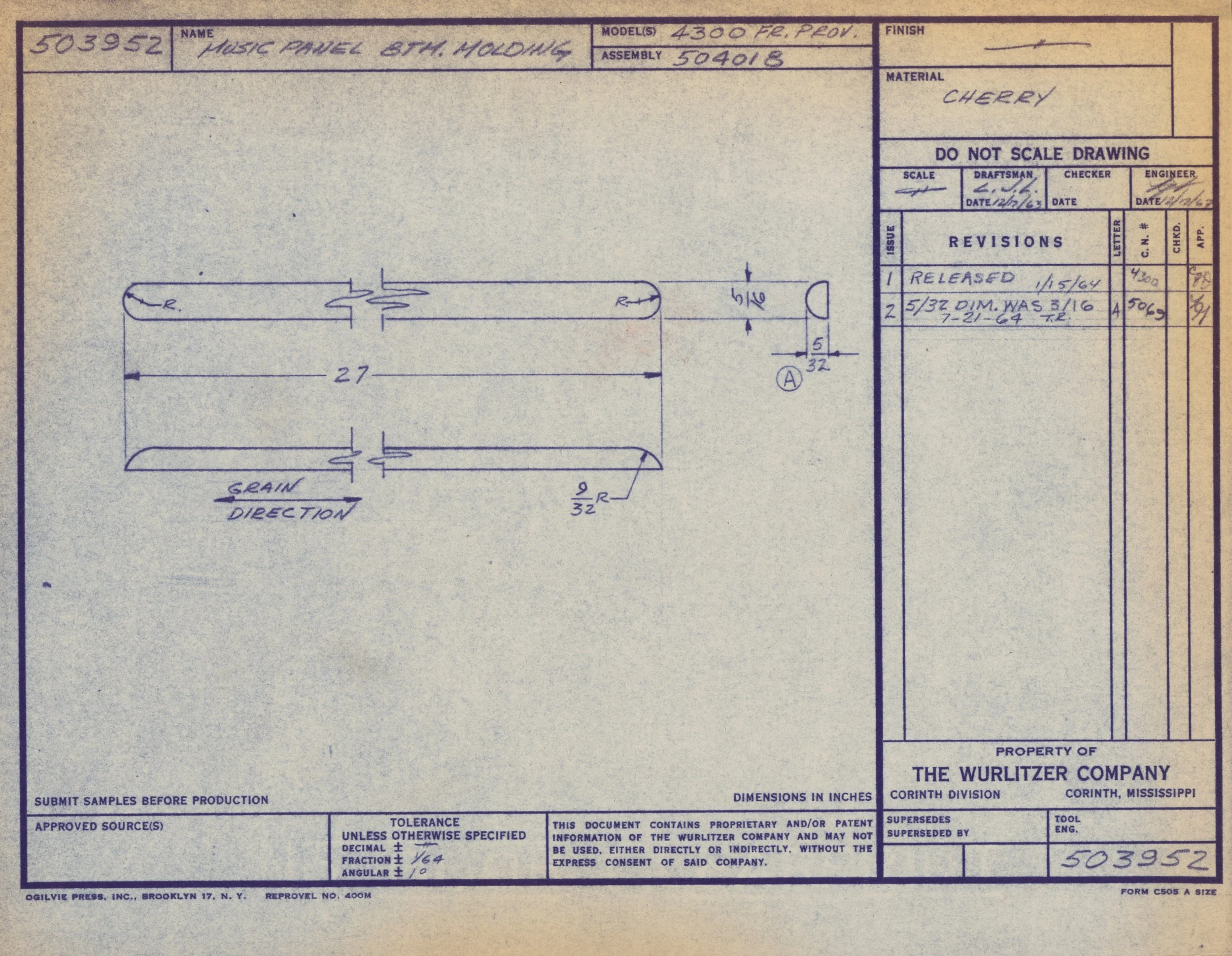Technical drawing or blueprint of a cherry wood music panel for eighth molding, showing detailed dimensions and construction notes.