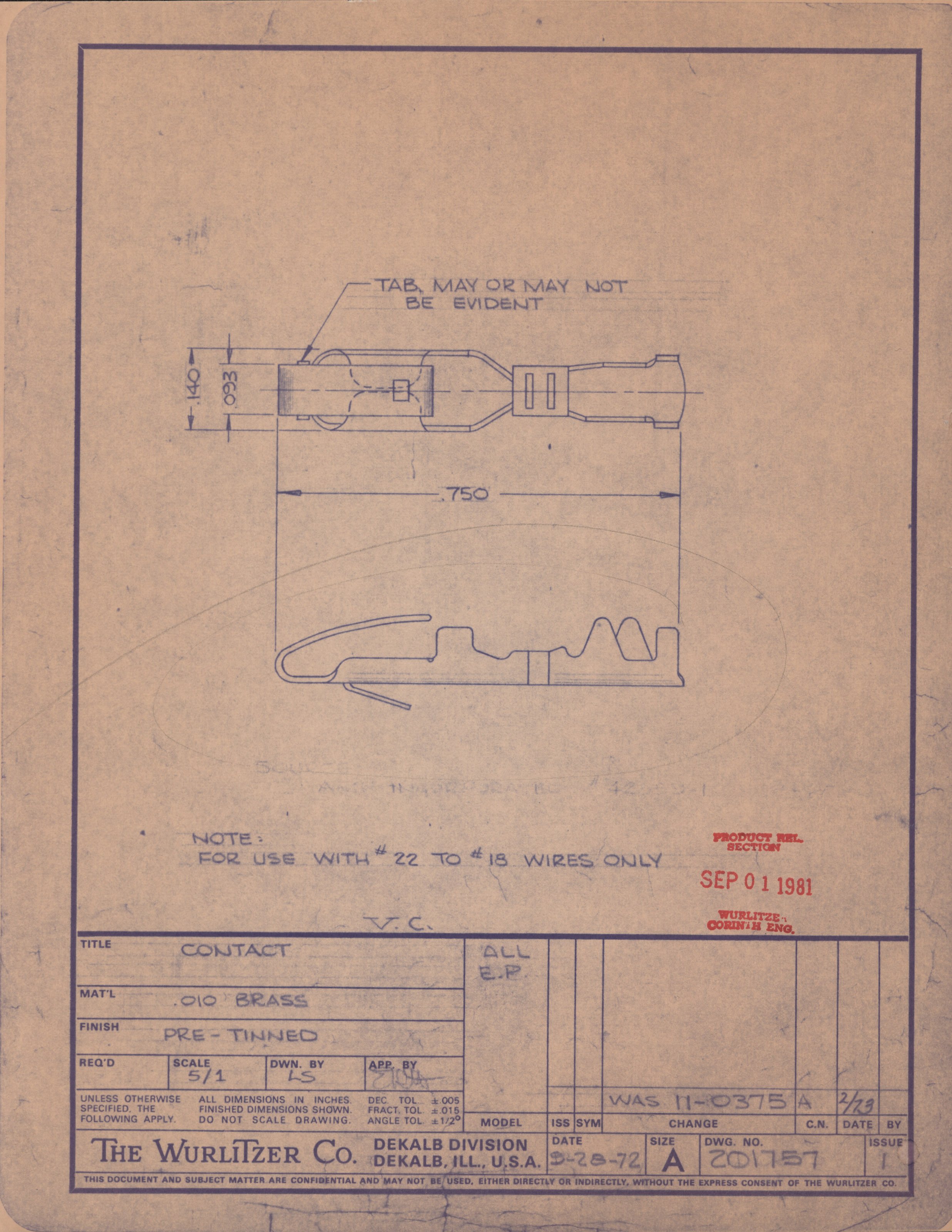 Technical blueprint drawing of a mechanical part, showing dimensions and a note stating 'For use with #22 to #18 wires only'. The document is titled 'The Wurlitzer Co., DeKalb Division, DeKalb, Illinois, U.S.A.' and is dated September 1, 1981.