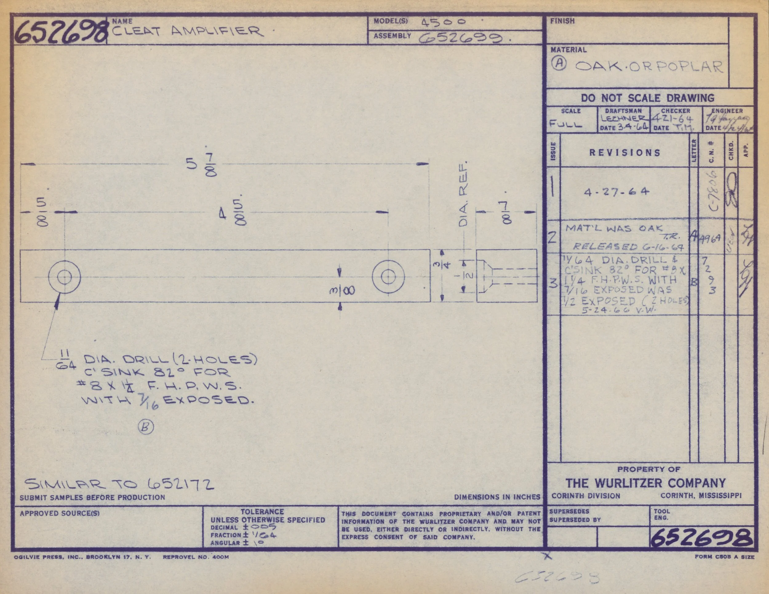 Technical blueprint drawing of a cleat amplifier, including measurements, materials, and construction notes.