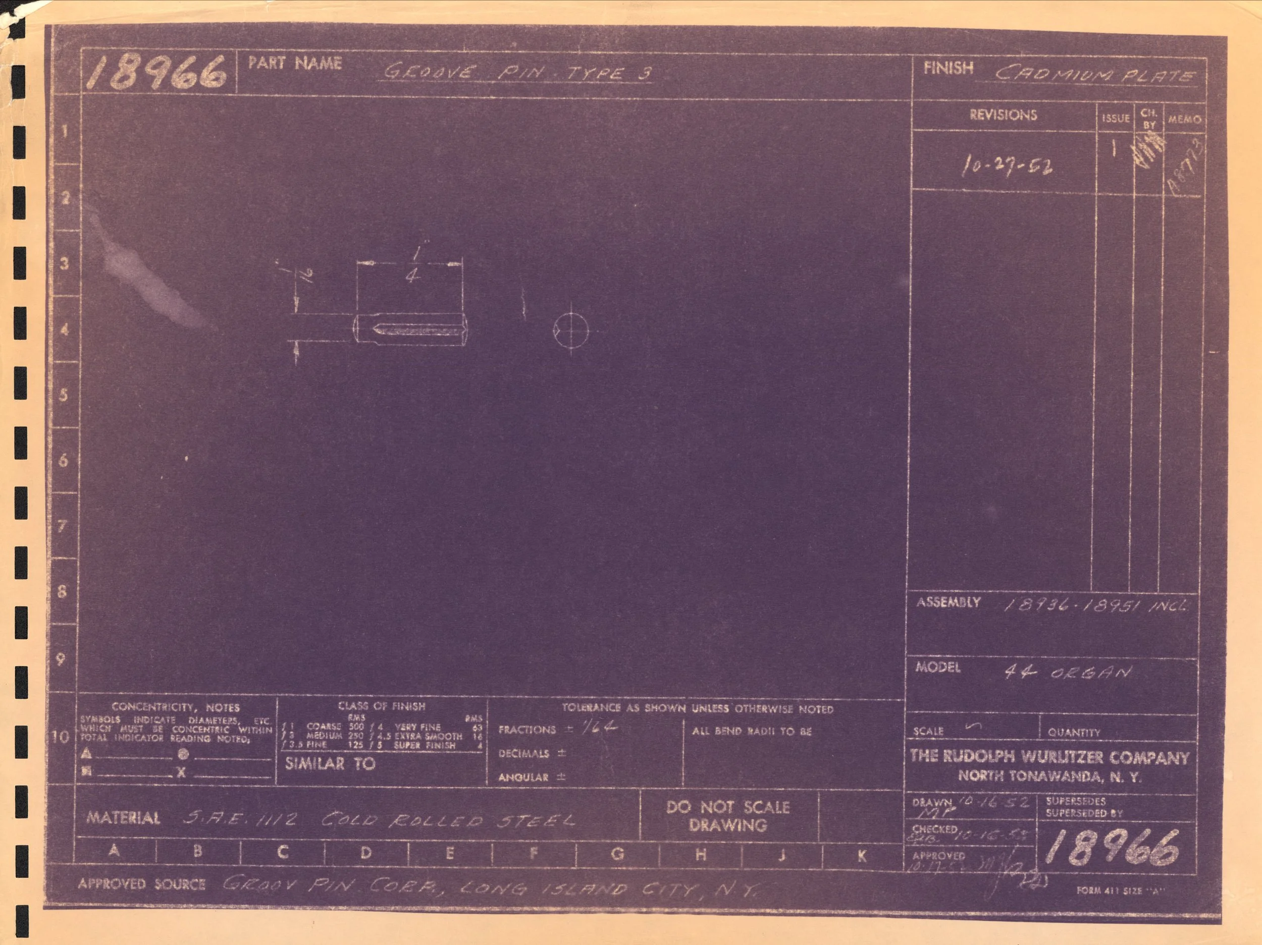 A blueprint drawing titled "Groove Pin Type 5" from The Rudolph Wurlitzer Company, North Tonawanda, N.Y., dated October 16, 1952. The drawing includes technical details, dimensions, and notes related to a steel component made of cold rolled steel.