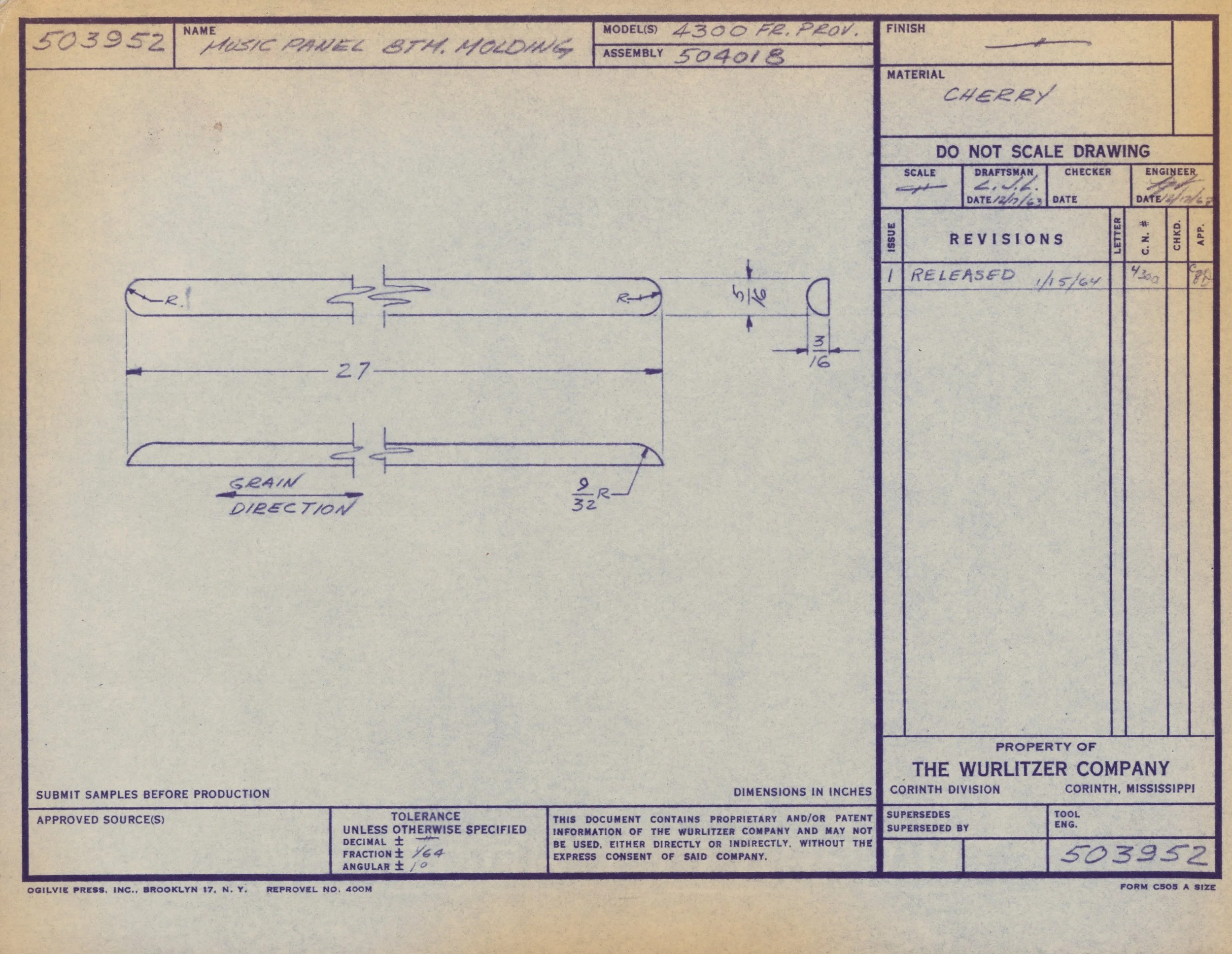 Blueprint of a cherry music panel with technical dimensions, labeled 'Music Panel 8th Molding,' originating from 'The Wurlitzer Company' with the model number 4300 and production date 1964, showing a detailed sketch with measurements.