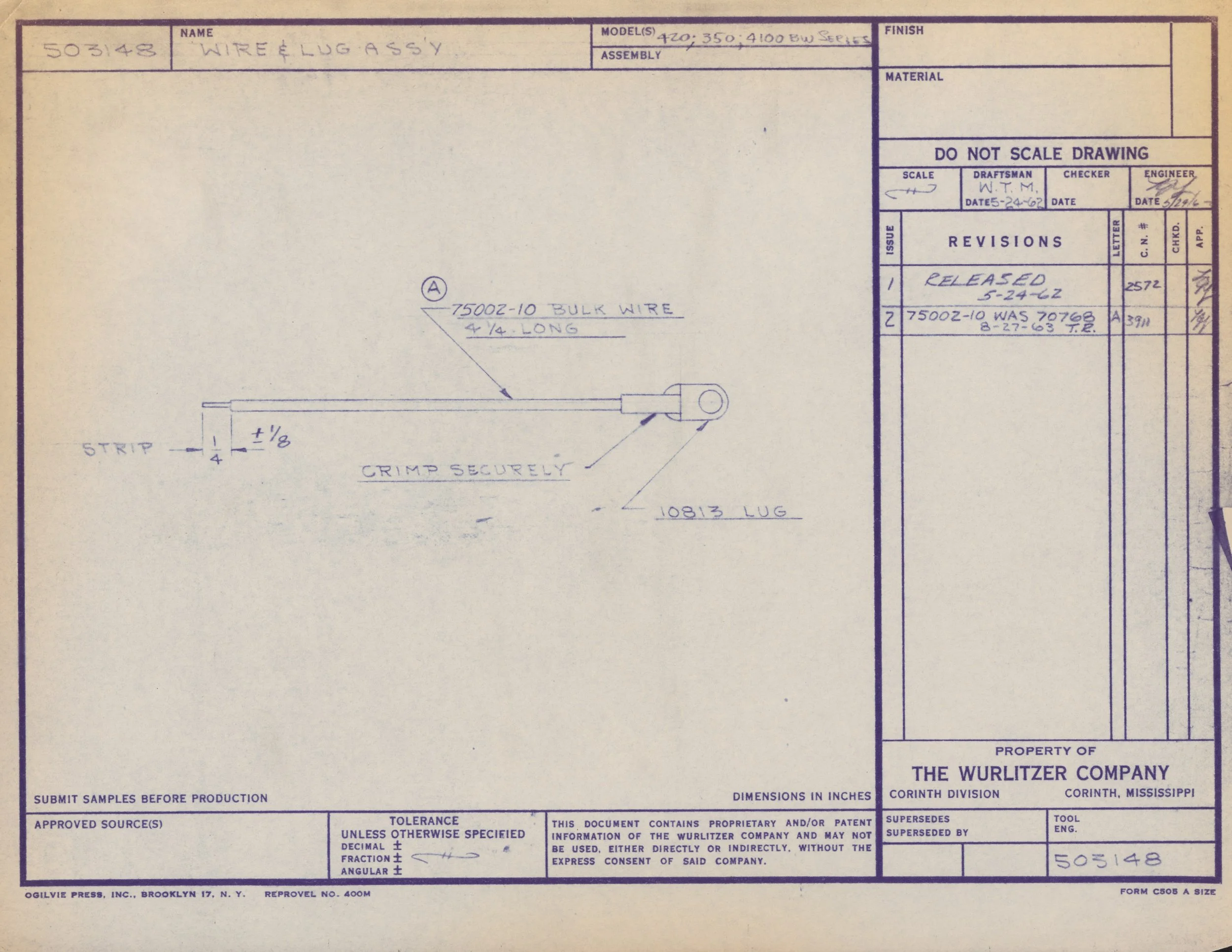 Technical blueprint for wire and lug assembly, including detailed measurements and instructions, created by The Wurlitzer Company, dated May 24, 1962.