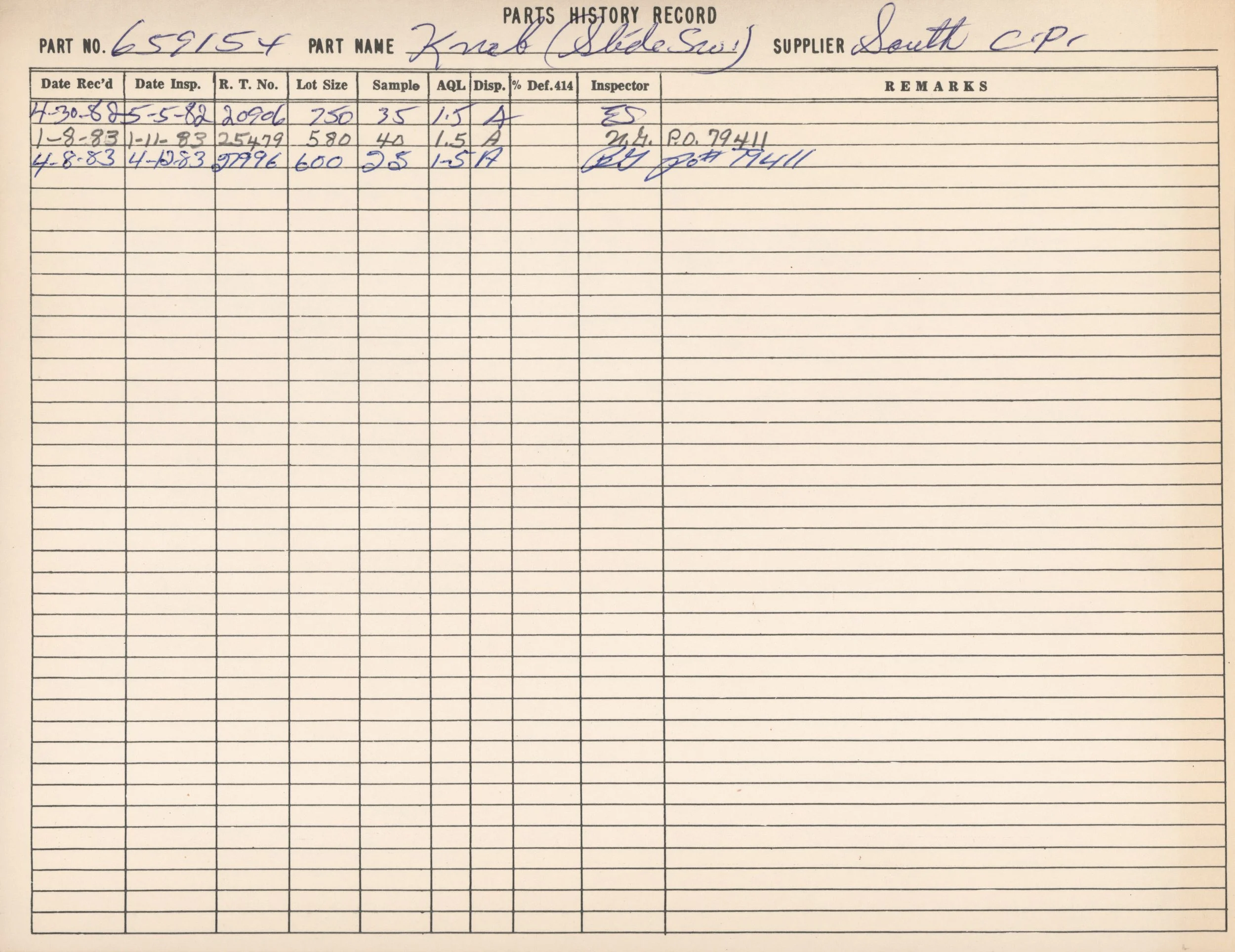 A scanned handwritten document titled 'Paris History Record' with handwritten entries of part number, part name, supplier, and various dates and notes.