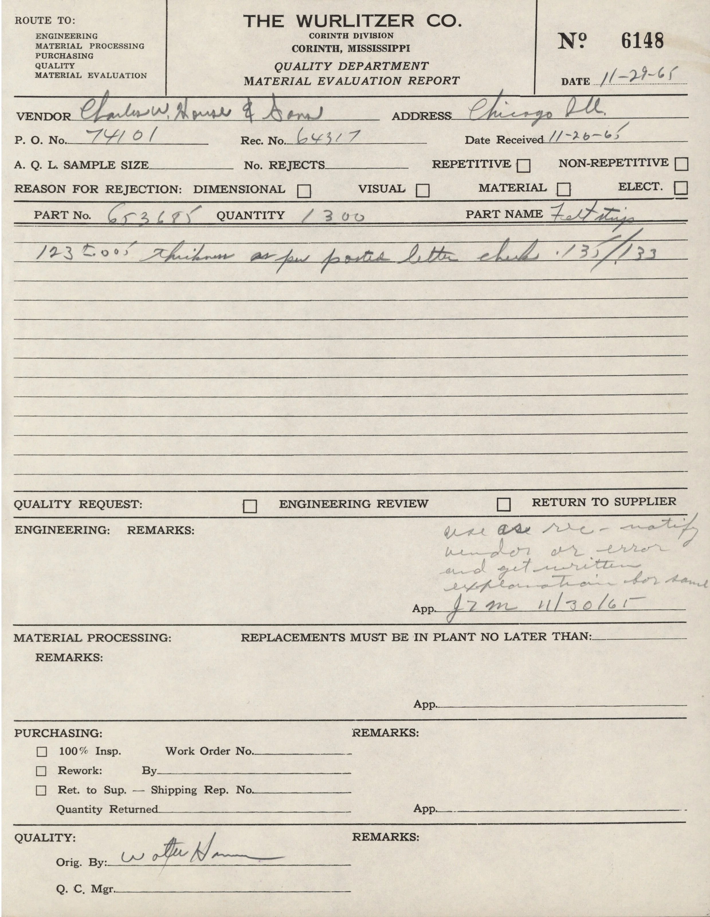 Black and white historical document titled 'Material Evaluation Report' from 'The Wurlitzer Co., Corinth Division, Corinth, Mississippi,' dated November 29, 1965, with handwritten notes regarding part number, quantity, and remarks.