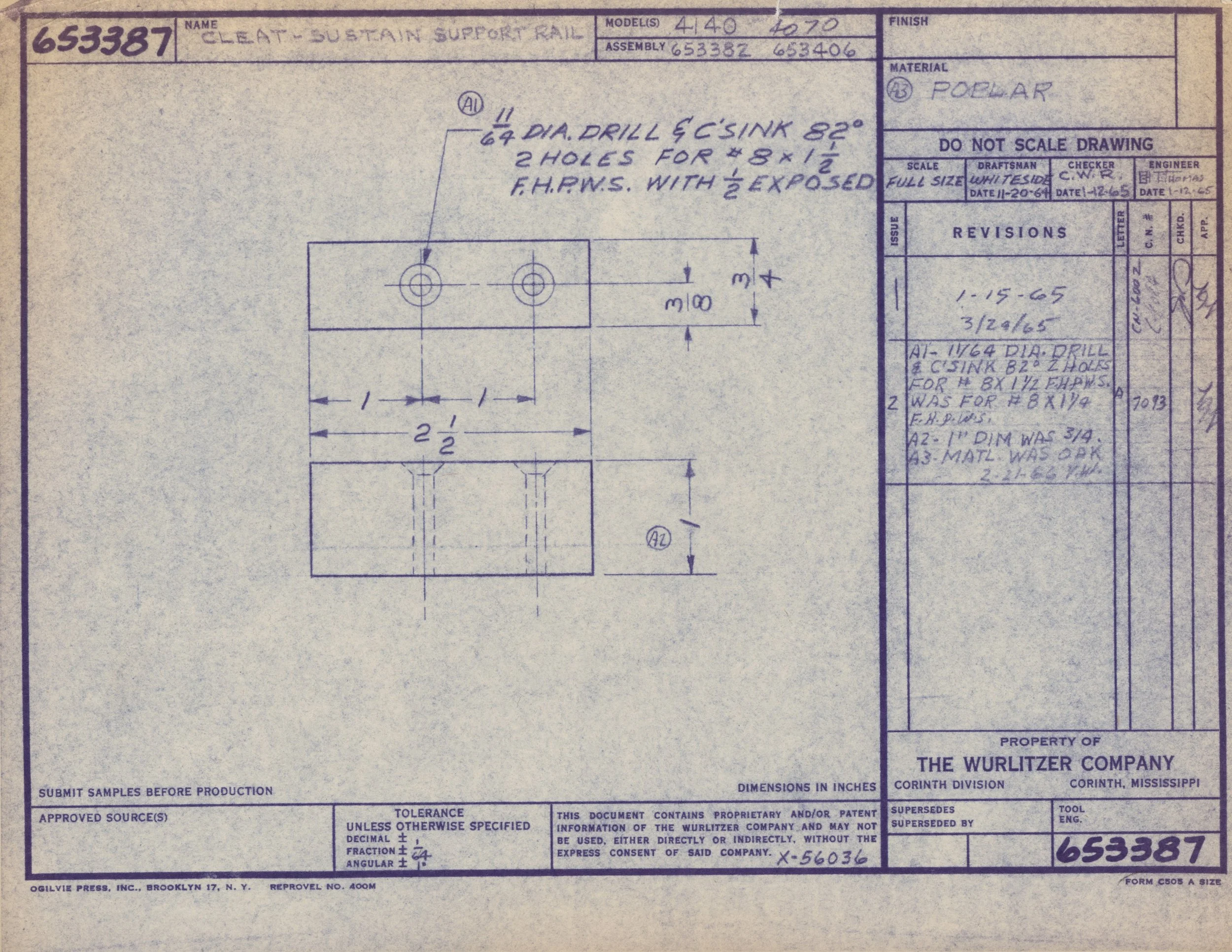 Blueprint drawing for a cleat or sustain support rail with measurements, including two holes for 8x1 1/2 inch fasteners, made of poplar wood, designed for a model 4140 or 4070 by Wurlitzer Company.