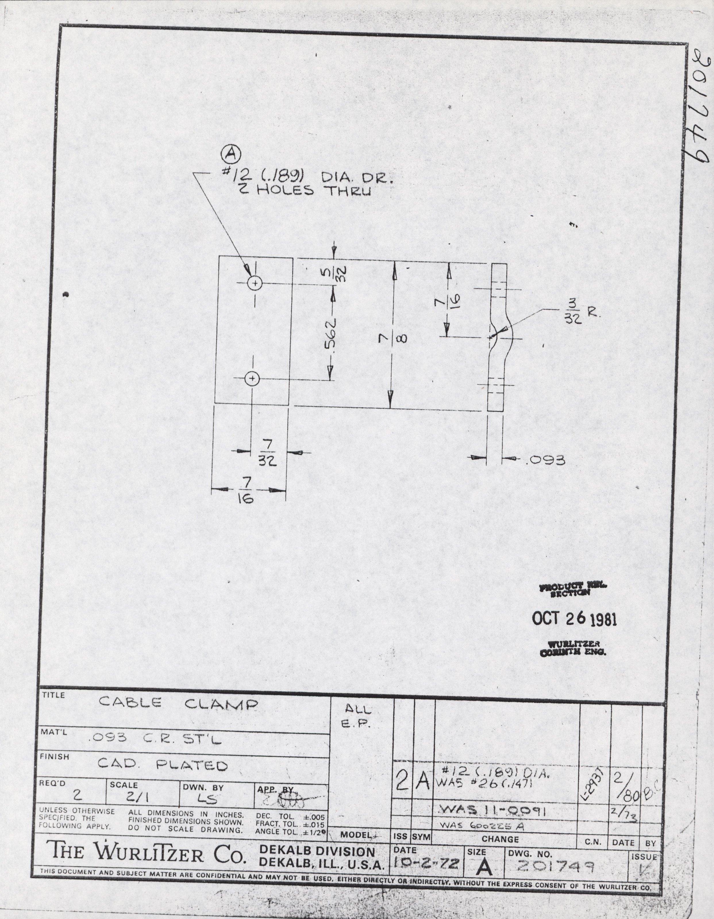 Technical drawing of a cable clamp, showing dimensions and specifications with handwritten notes, including the title "Cable Clamp" and manufacturer "The Wurlitzer Co." from December 1972.