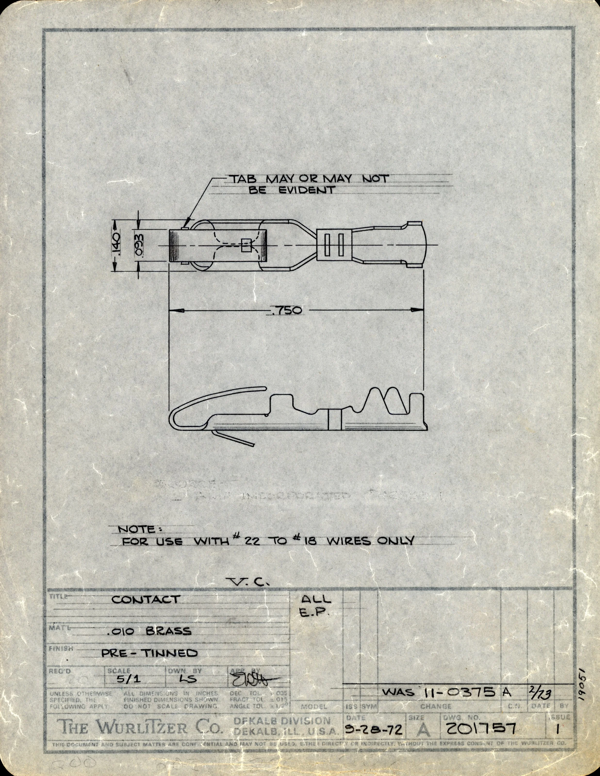 Technical drawing of a mechanical part, with measurements and notes, titled 'The Wurlitzer Co. DeKalb Division, DeKalb, Ill. U.S.A.', with a control section, material, finish, and scale details.