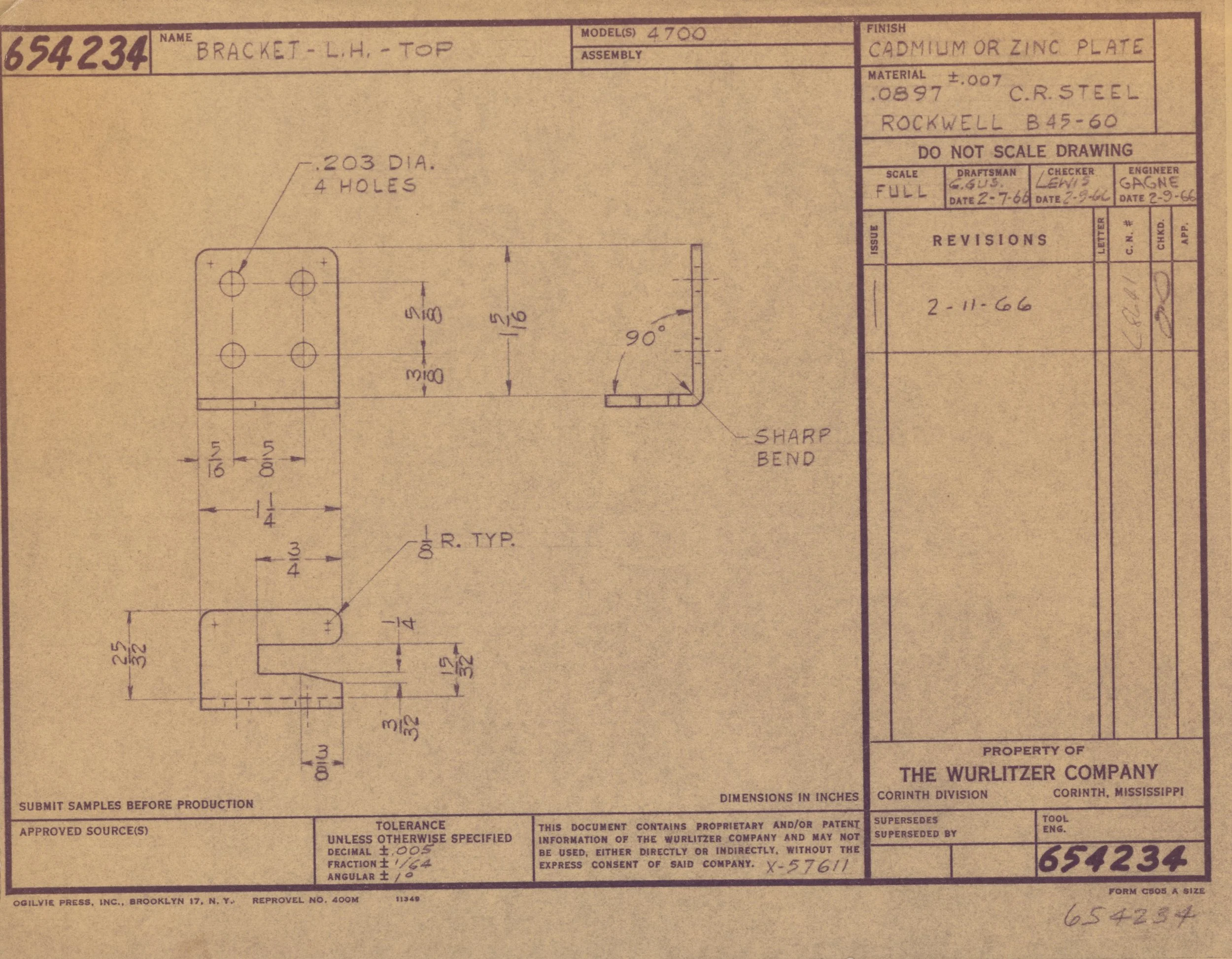Technical drawing blueprint of a metal bracket labeled as the top left side, with detailed measurements and notes, produced by The Wurlitzer Company in Corinth, Mississippi.