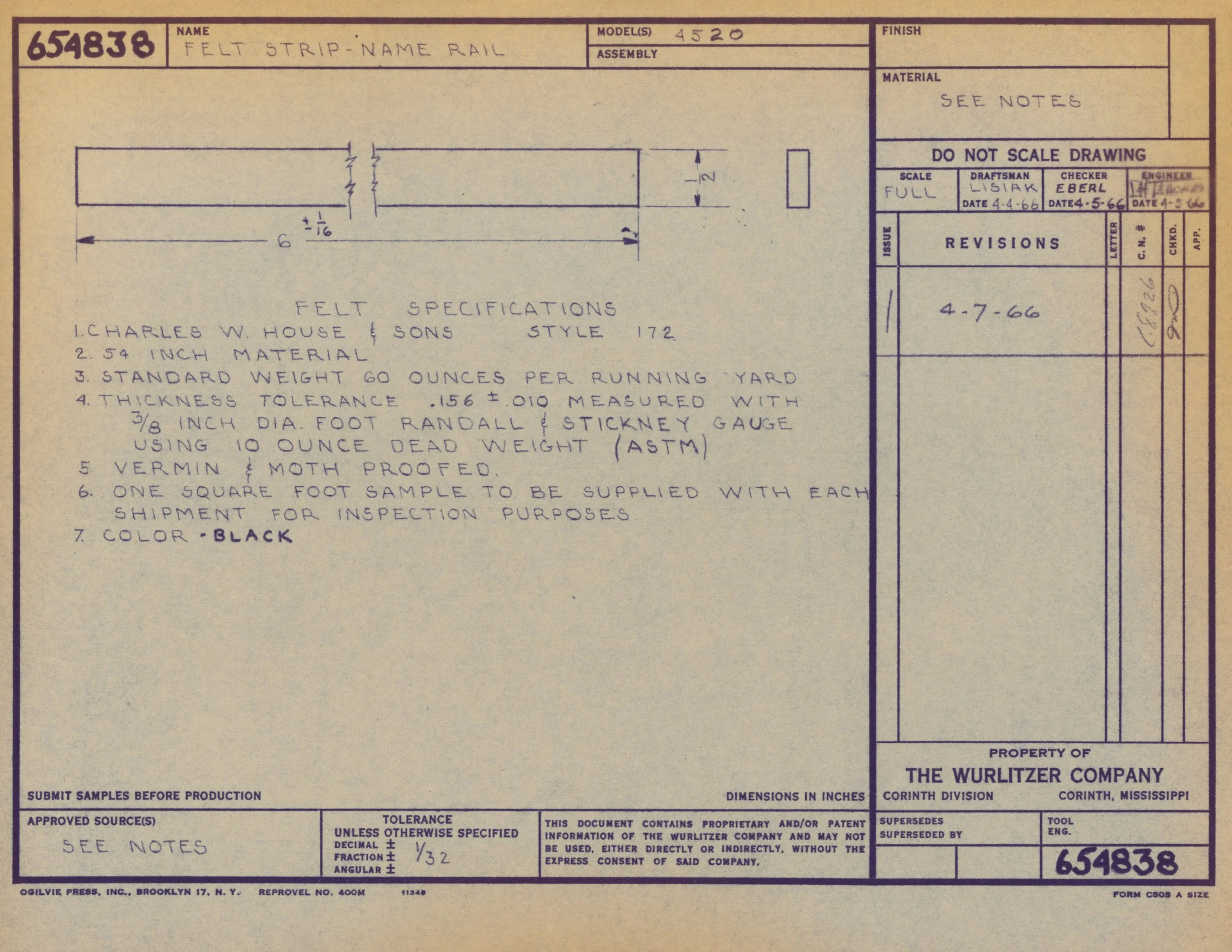 Technical blueprint of a felt strip with specific measurements and specifications, including notes and revisions, property of The Wurlitzer Company.