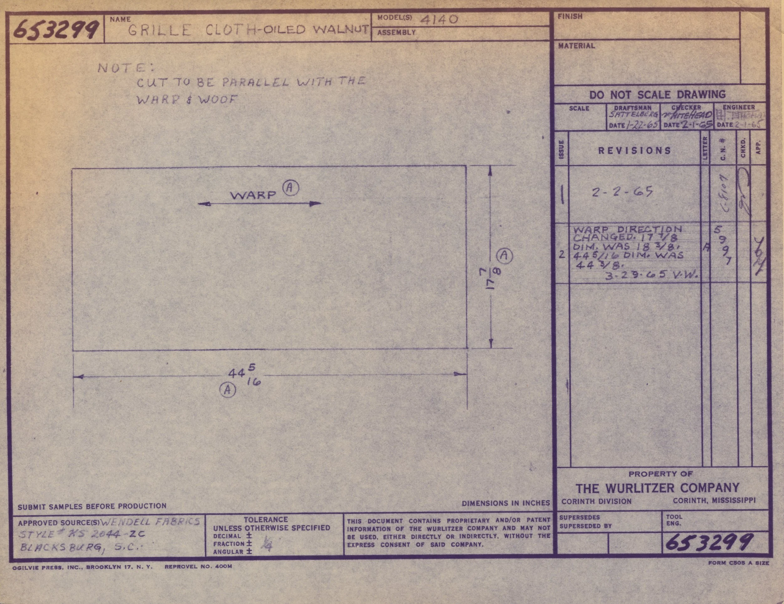 Blueprint or technical drawing of a piece of furniture labeled 'Grille Cloth - Oiled Walnut,' with measurements and notes, created by The Wurlitzer Company in Corinth, Mississippi.