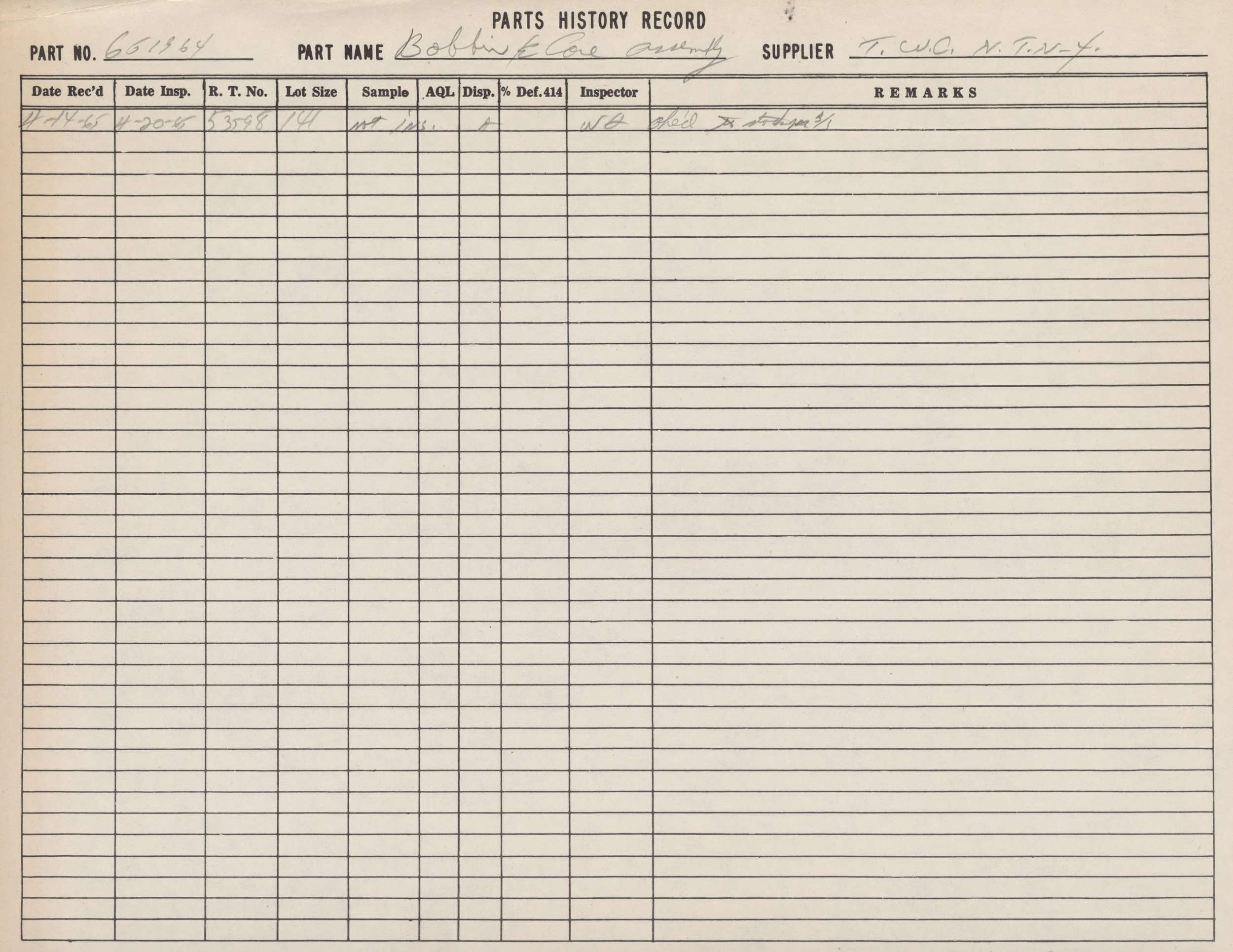 Document titled 'Parts History Record' with handwritten entries including part number, part name, date received, date inspected, and remarks.