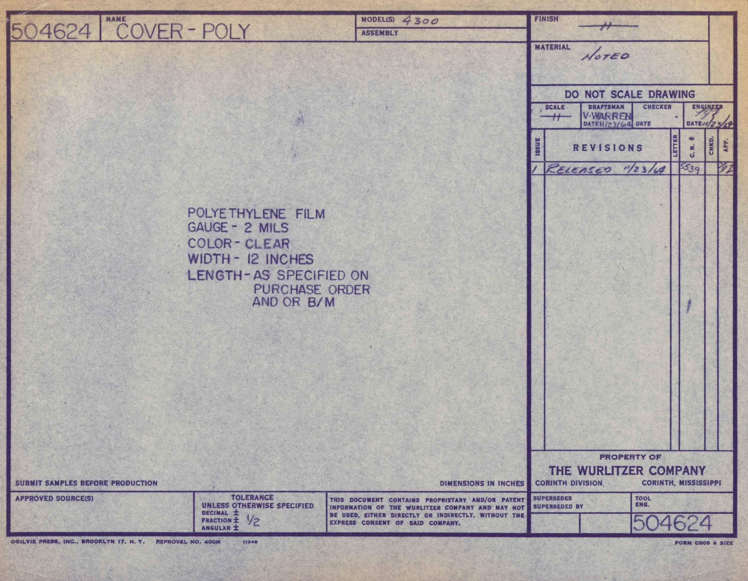 A technical blueprint or engineering drawing for a polyethylene cover or film, model 4300, made by Wurlitzer Company in Corinth, Mississippi.