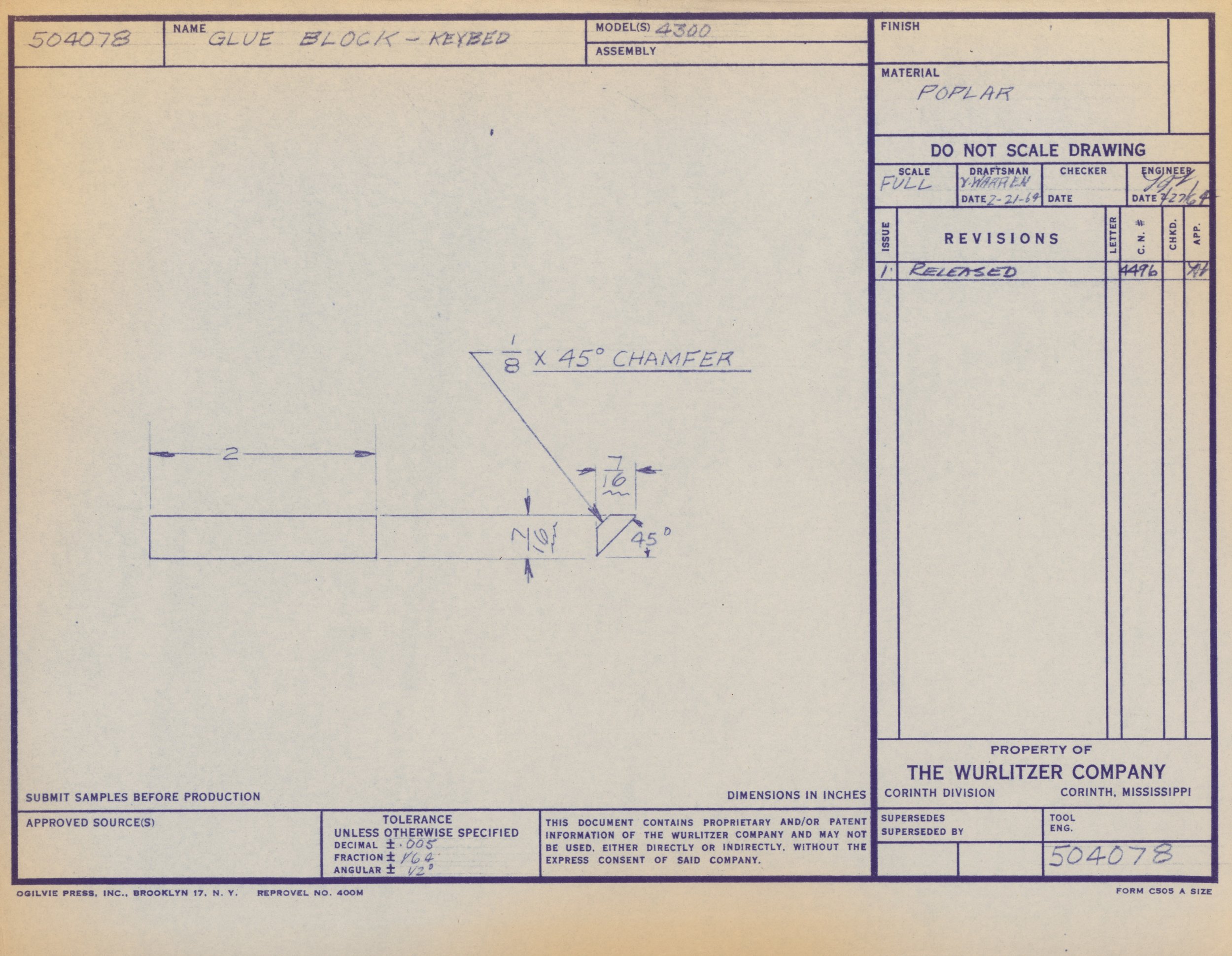 Blueprint of a mechanical part with specifications. Handwritten notes indicate measurements and angles, including 8 inches by 45-degree chamfer. Various technical details and approval stamps are visible.