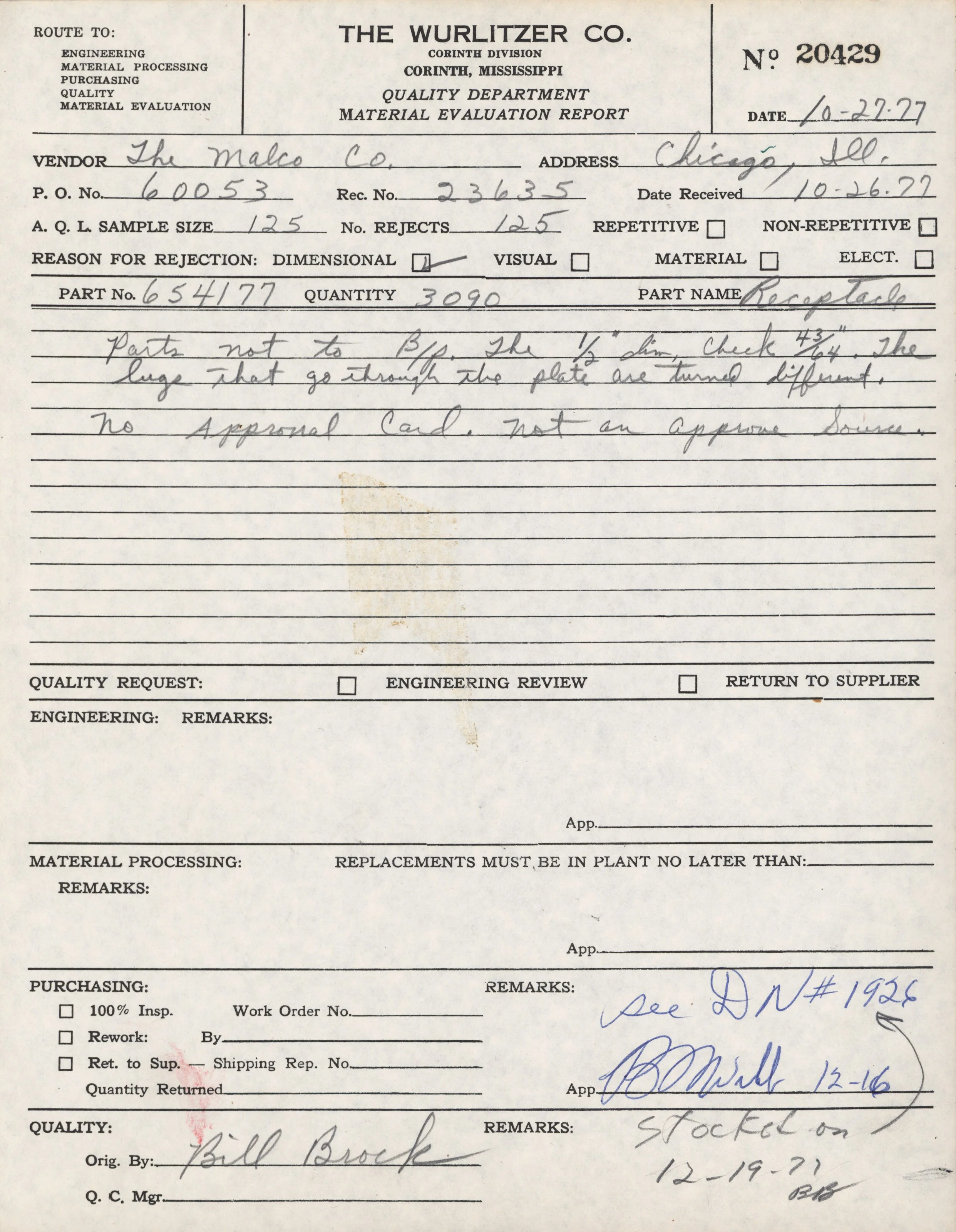 A handwritten material evaluation report form from The Wurlitzer Company, dated October 27, 1927, with notes and signatures, including details about parts, rejection reasons, and procurement.