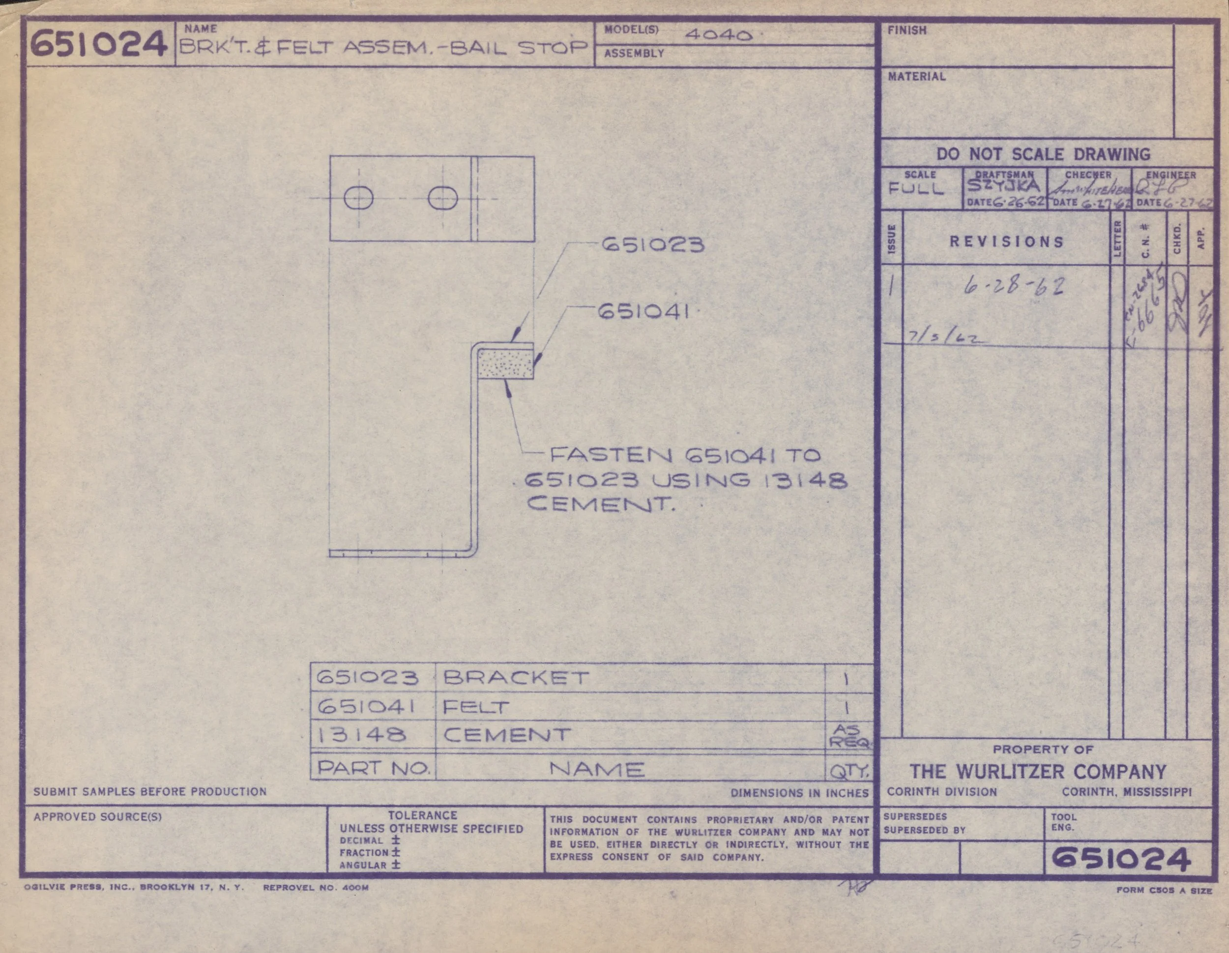 Blueprint of a bracket and felt assembly with instructions for fastening to cement, produced by The Wurlitzer Company.