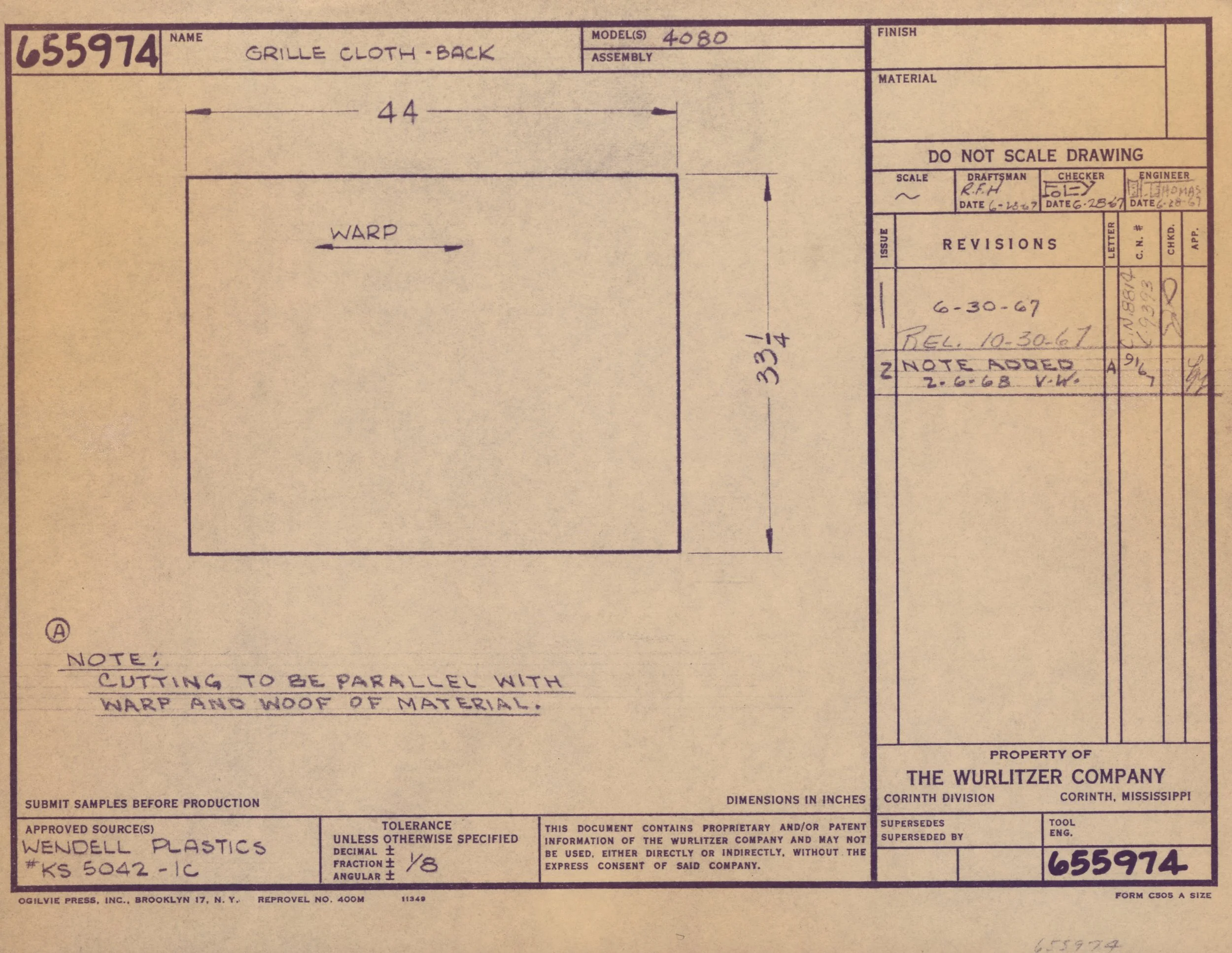 A technical drawing or blueprint of a rear grille cloth, including measurements and notes about manufacturing specifications, created by The Wurlitzer Company in Corinth, Mississippi.