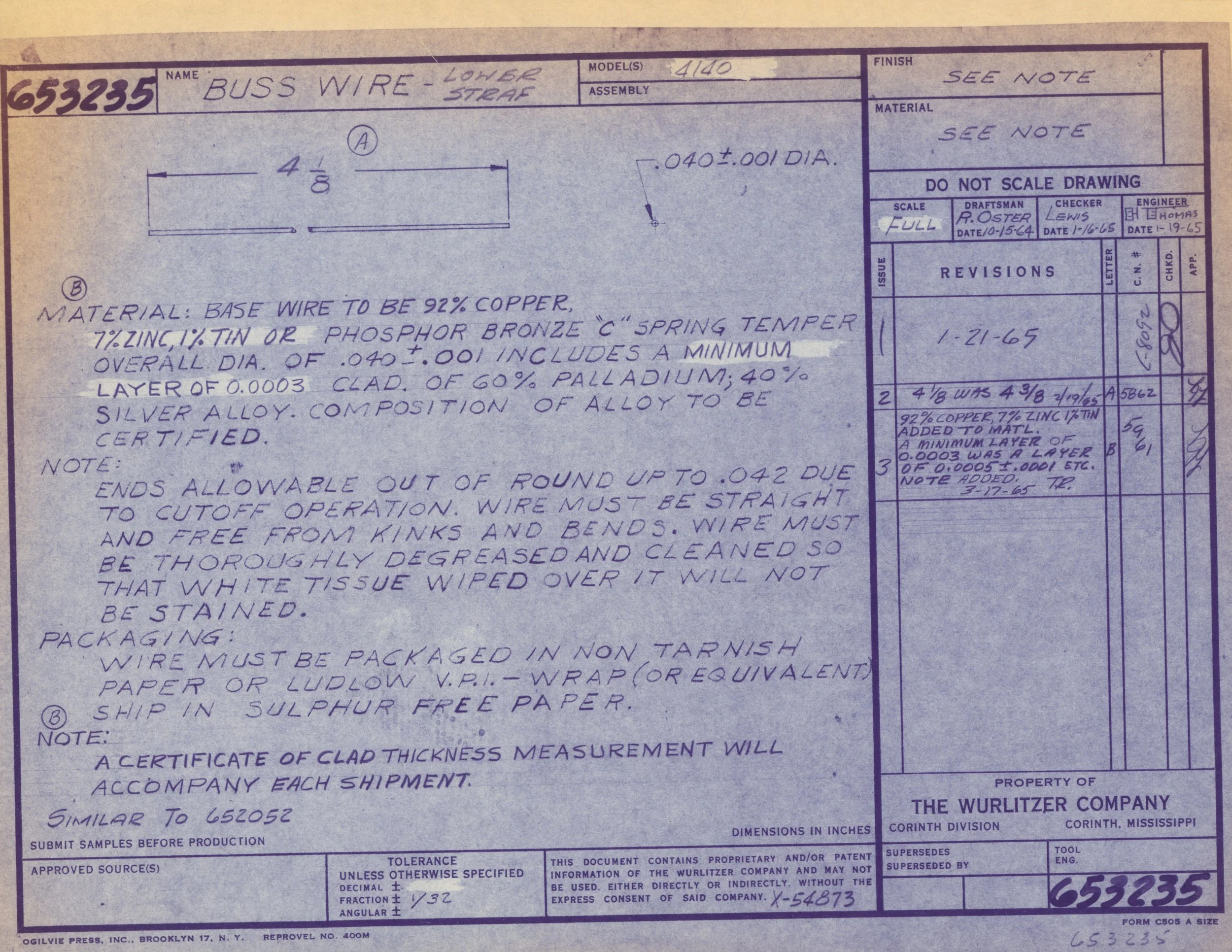Technical engineering drawing of bus wire with handwritten notes and measurements.